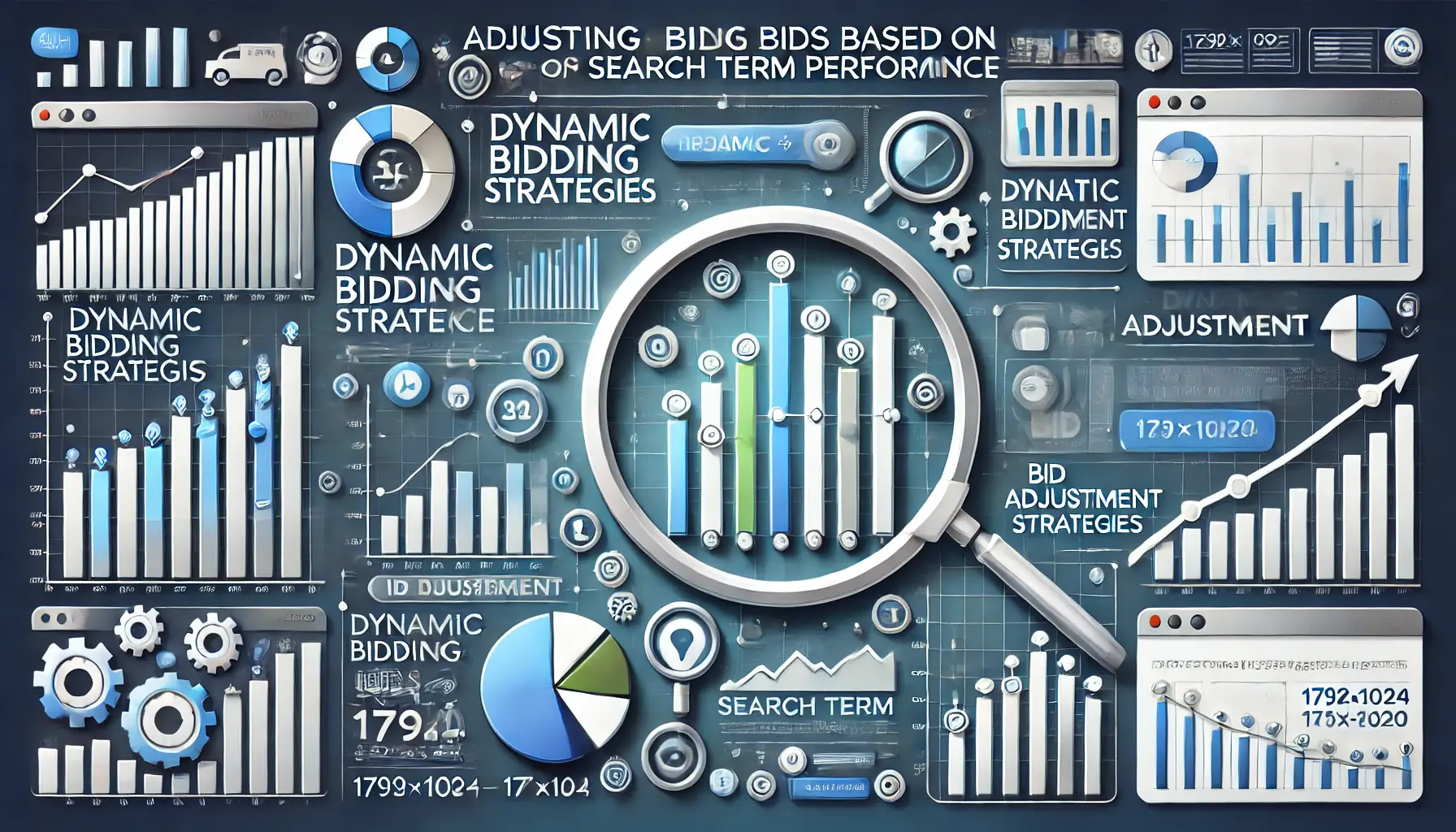 Visual representation of adjusting bids based on search term performance with icons for graphs, sliders, and arrows