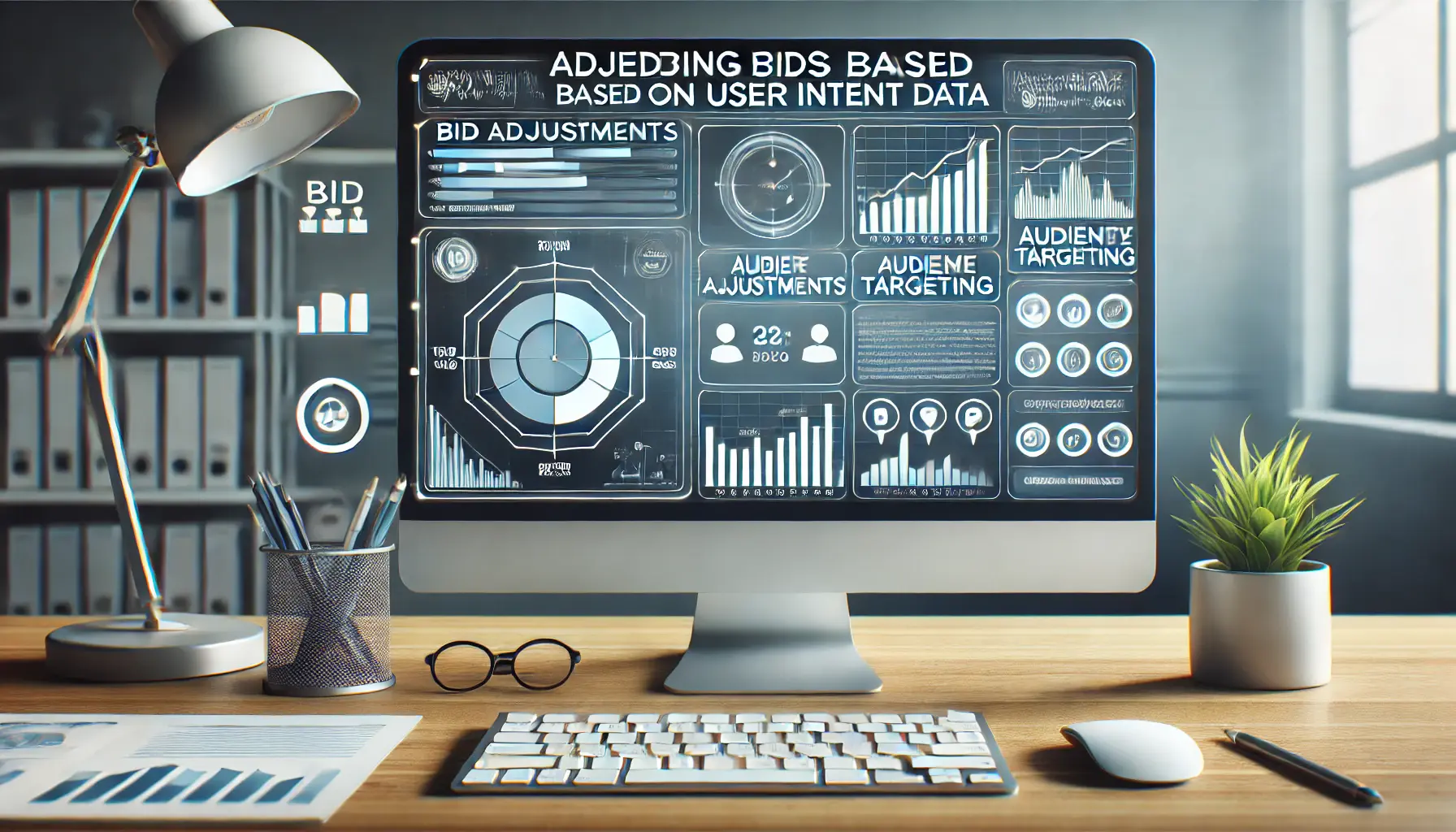 Workspace with computer displaying bidding dashboard focused on bid adjustments and intent analysis.