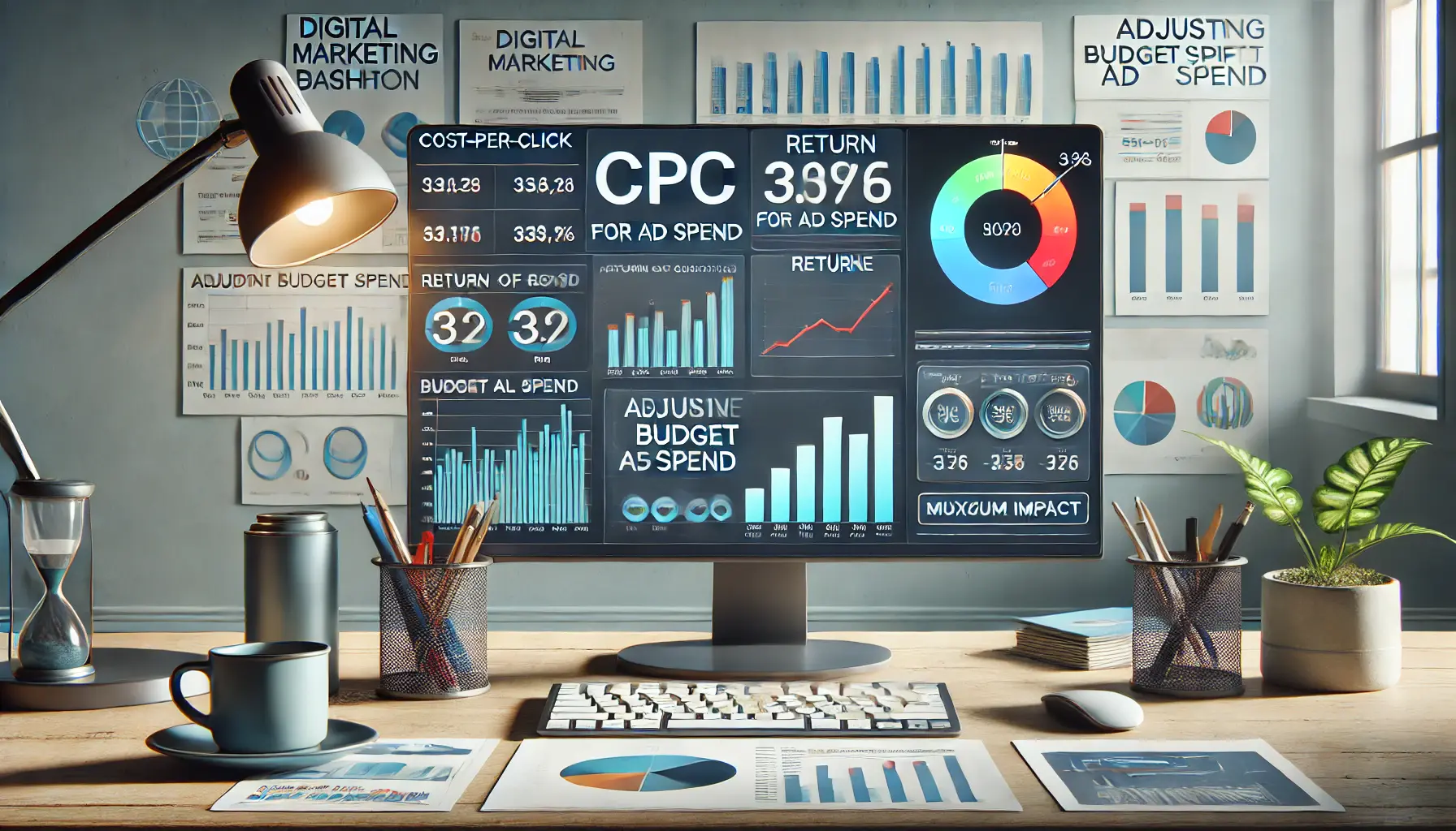 A digital marketing dashboard displaying financial metrics like CPC, ROAS, and conversion rates, with charts showing how budget shifts impact campaign performance.