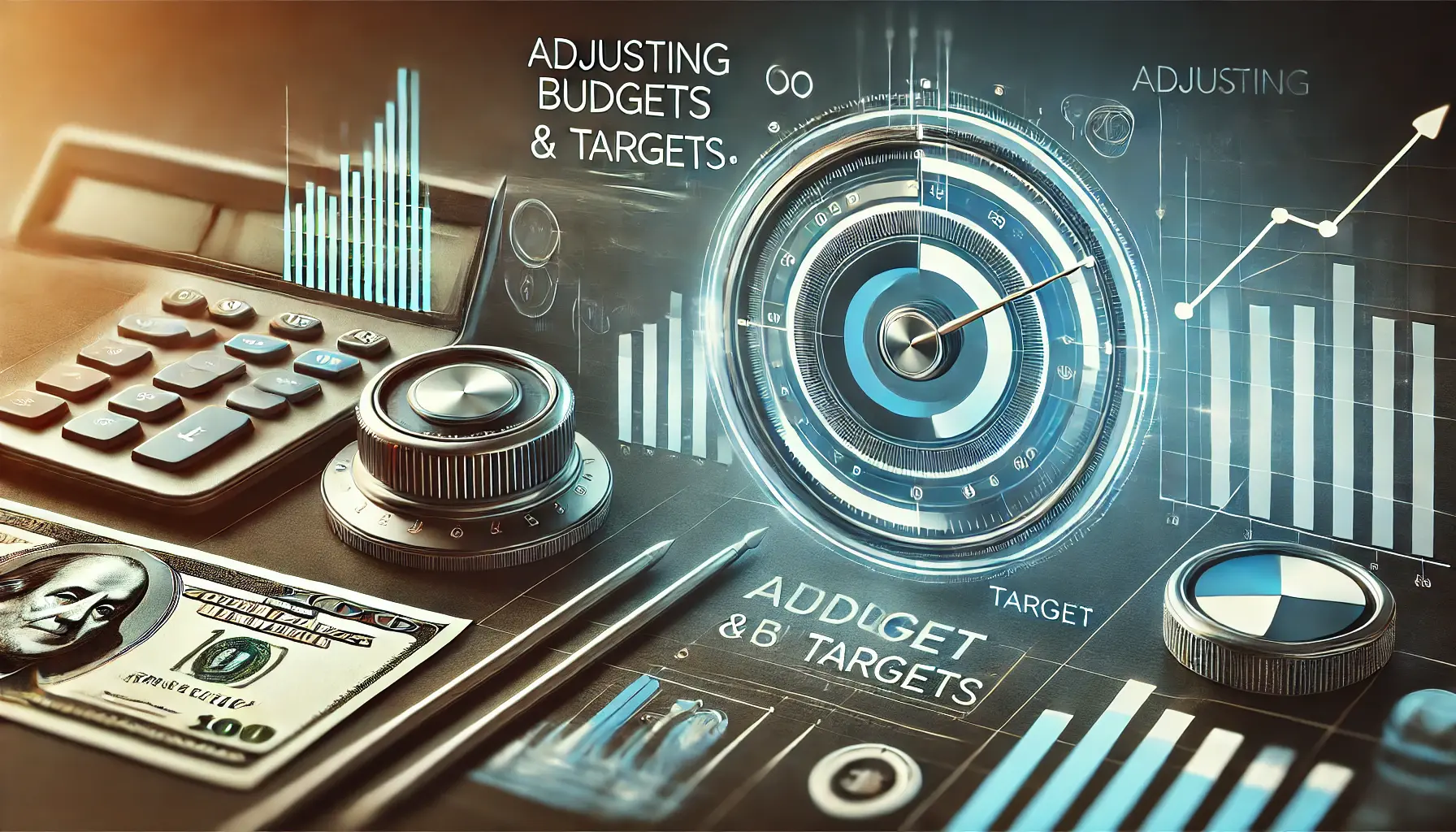 A visual representation of adjusting budgets and targets with sliders, dials, and financial charts symbolizing changes in budget allocation and performance targets.