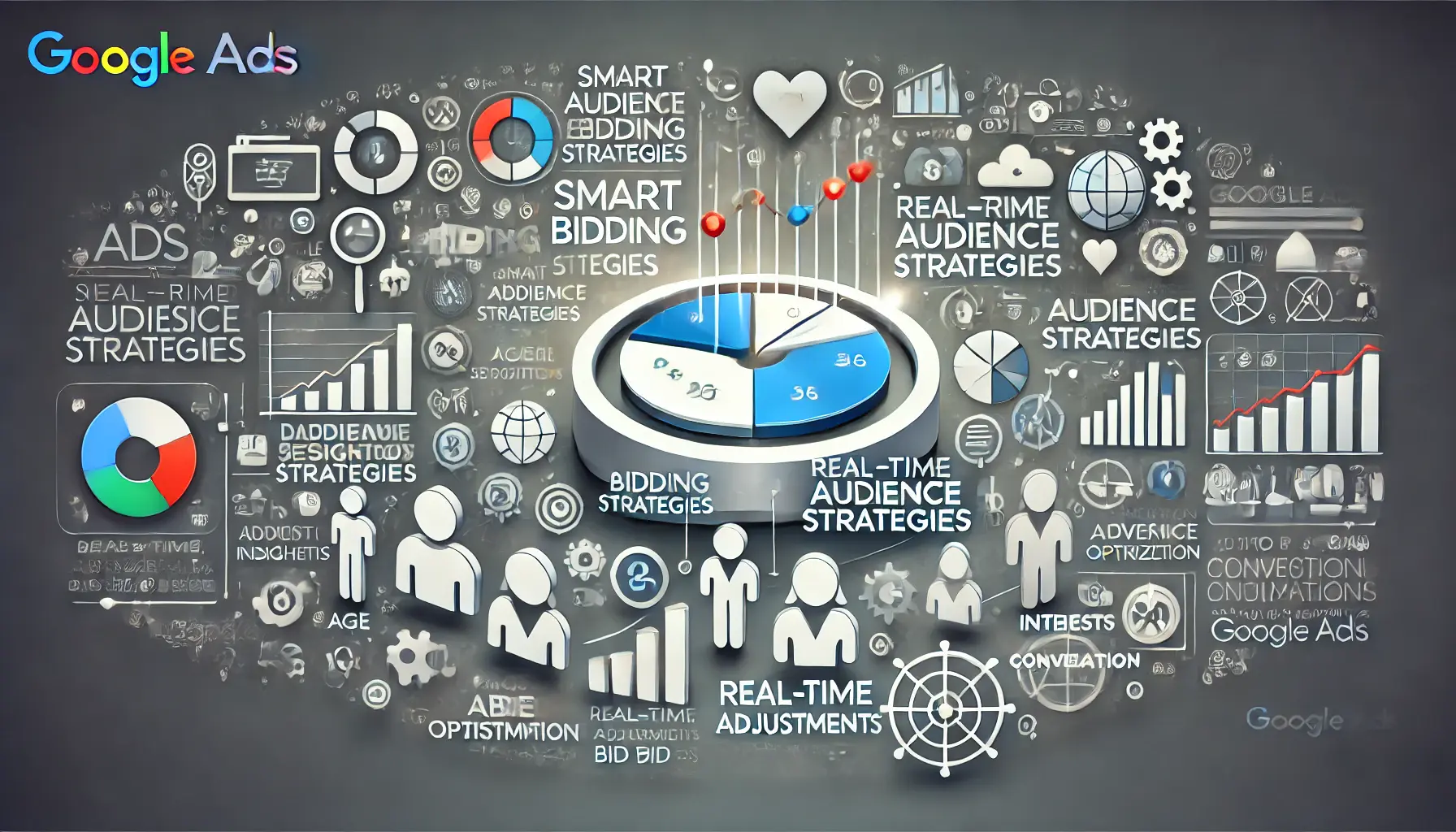 Illustration of adjusting Smart Bidding strategies in Google Ads based on audience insights, showing audience segmentation and real-time bid adjustments.