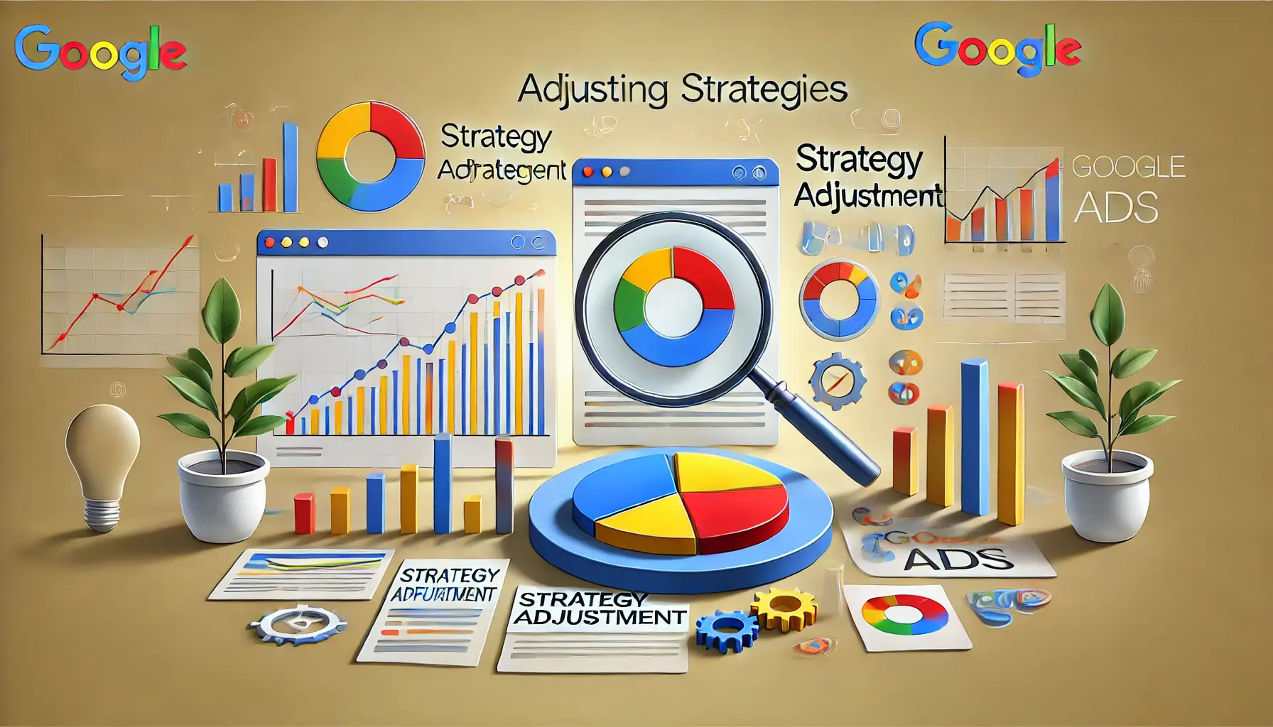 Image illustrating strategy adjustments based on ad performance with performance charts, strategy icons, and metrics symbols.