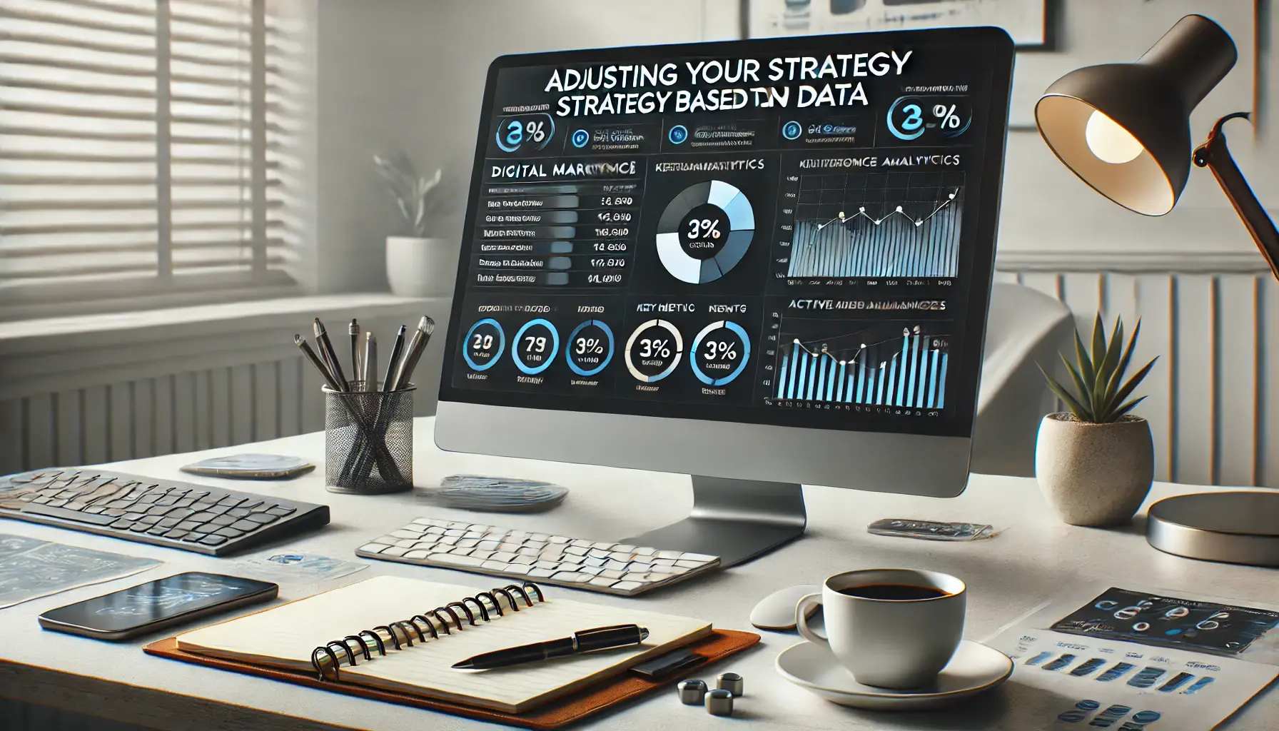 A digital marketing workspace showing a computer with detailed performance analytics, symbolizing the process of adjusting strategy based on data.