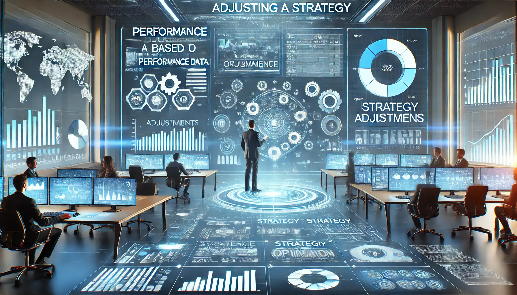 A digital environment where performance metrics are analyzed and strategy adjustments are made, symbolized by data analysis tools, graphs, and optimization processes.