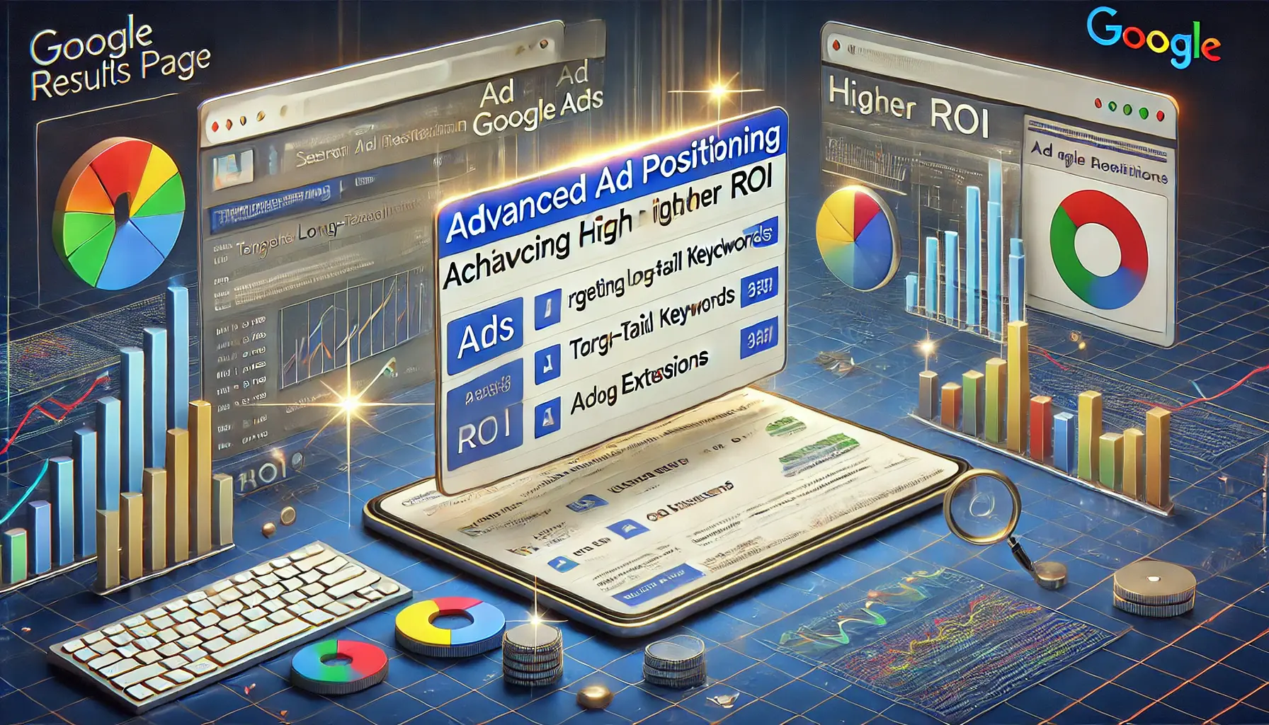 A realistic illustration showcasing advanced ad positioning strategies for higher ROI in Google Ads, featuring a search engine results page (SERP) with ads in optimal positions and visual elements representing strategic techniques.