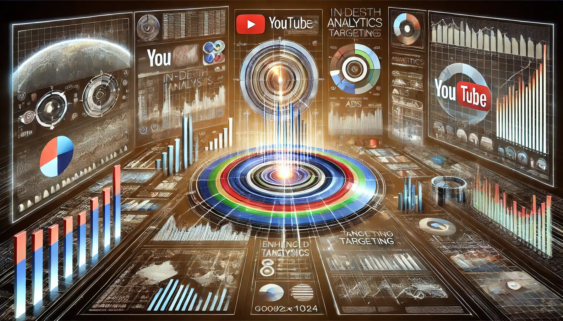 An illustration of advanced analytics tools for analysis and targeting, showing data tracking, targeting charts, and audience segmentation with YouTube and Google color accents.