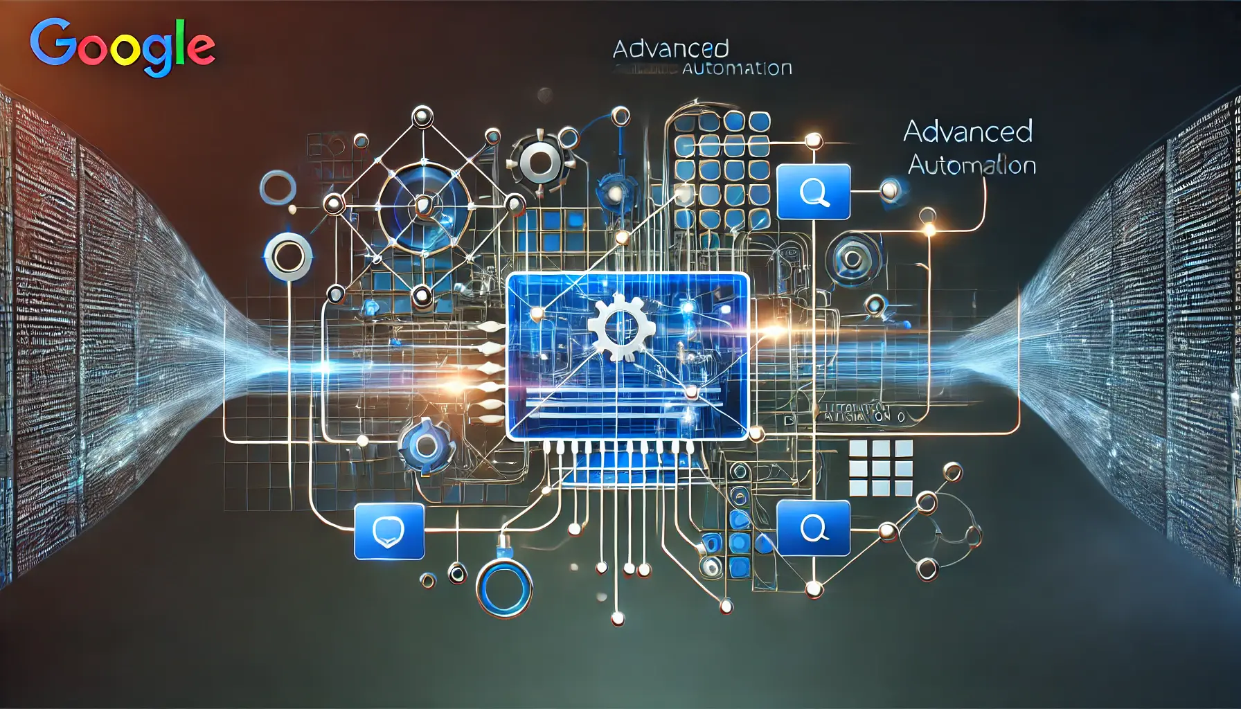 Abstract representation of advanced automation with interconnected nodes and layered pathways symbolizing complex machine learning processes