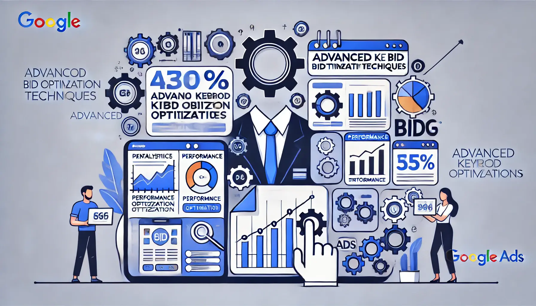 Visual representation of advanced keyword bid optimization techniques, featuring an analytics dashboard, performance graphs, and automation symbols like gears.