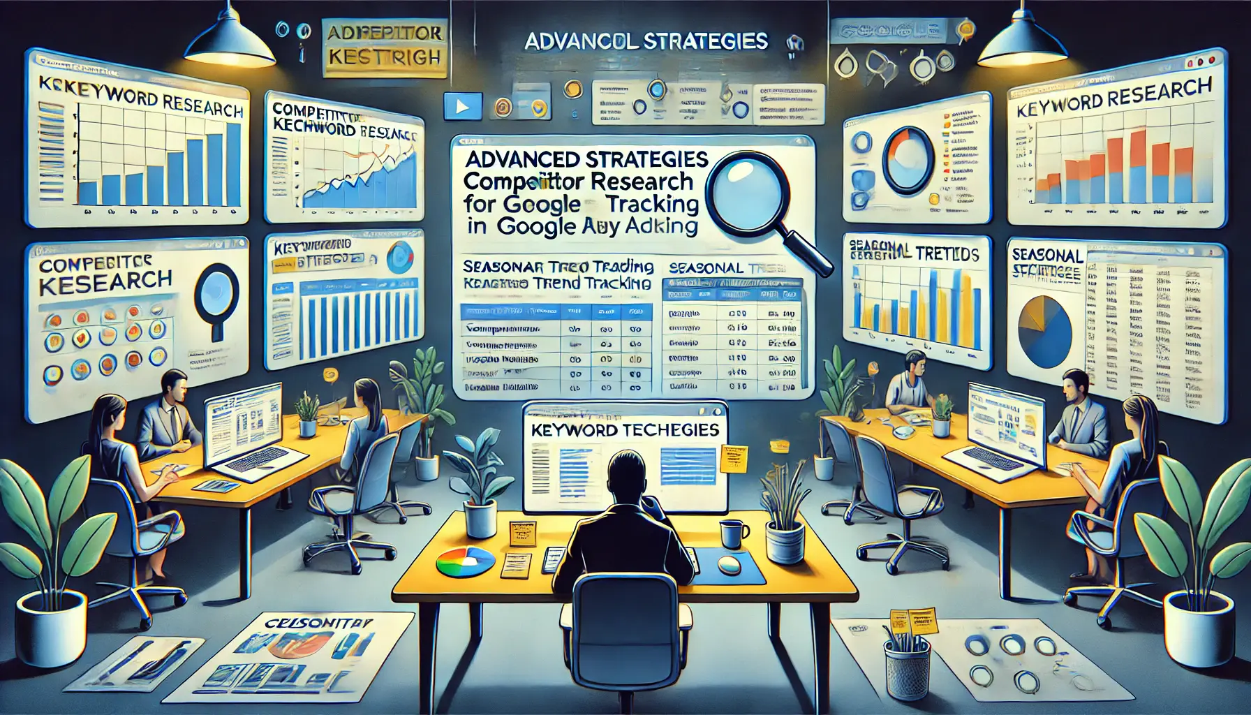 A visual representation of advanced strategies for keyword research, showing a sophisticated workspace with multiple screens.