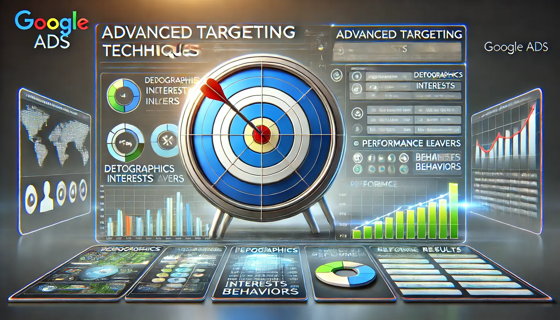 A professional image illustrating advanced targeting techniques in Google Ads, showing audience filters, layered targeting, and performance improvements.