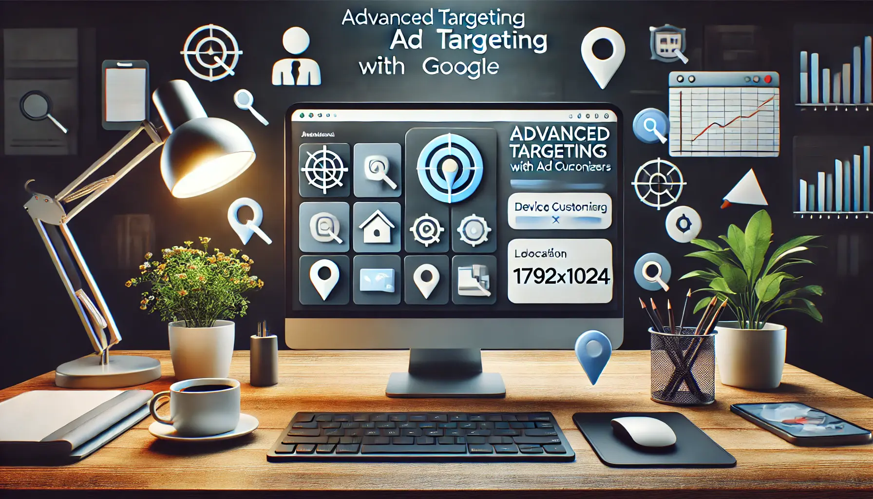 A digital workspace showing an ad interface with icons for advanced targeting settings, including location, device type, and time-of-day customization.