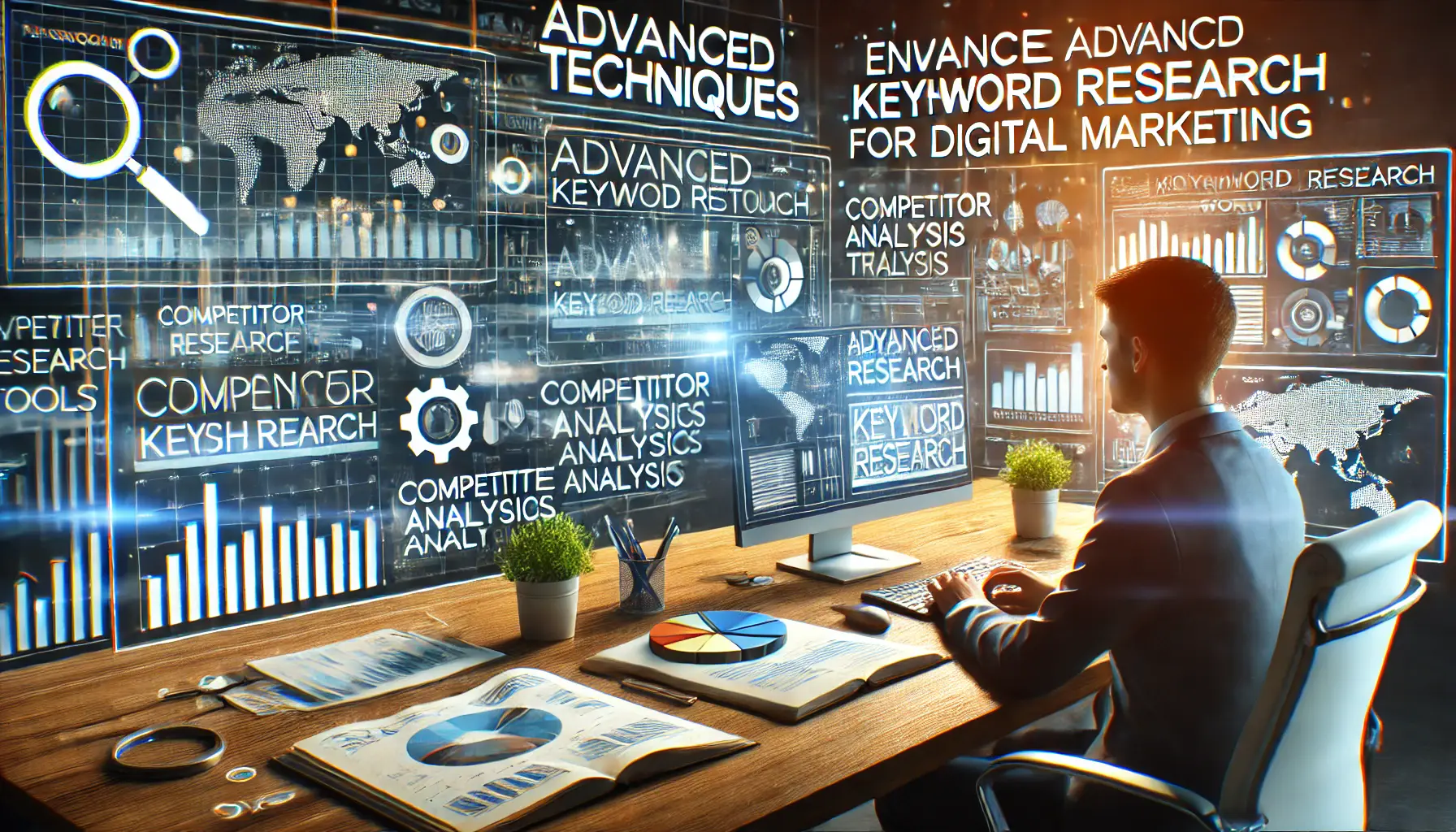 A visual representation of advanced keyword research techniques, showing a person analyzing data on multiple screens.