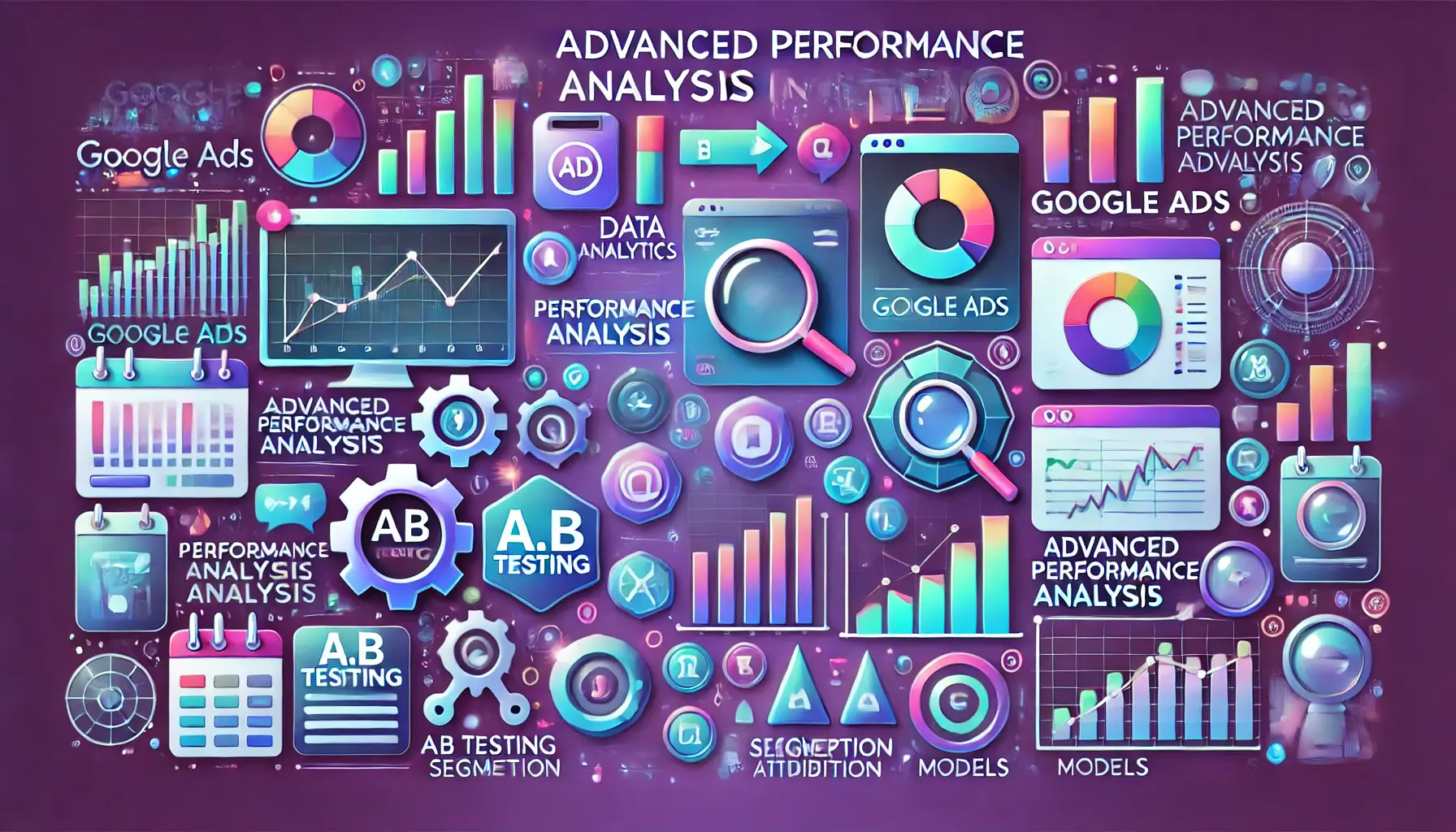 A visual representation of advanced techniques for performance analysis in Google Ads, featuring analytics dashboards and performance metrics.