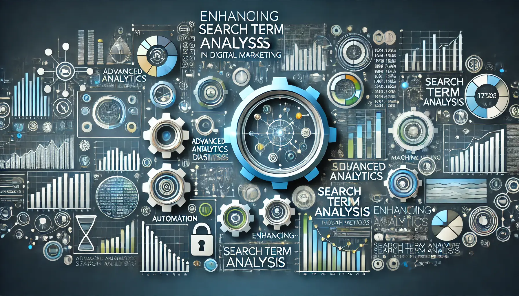 Visual representation of advanced techniques for search term analysis featuring analytics dashboards, gears, and data flow