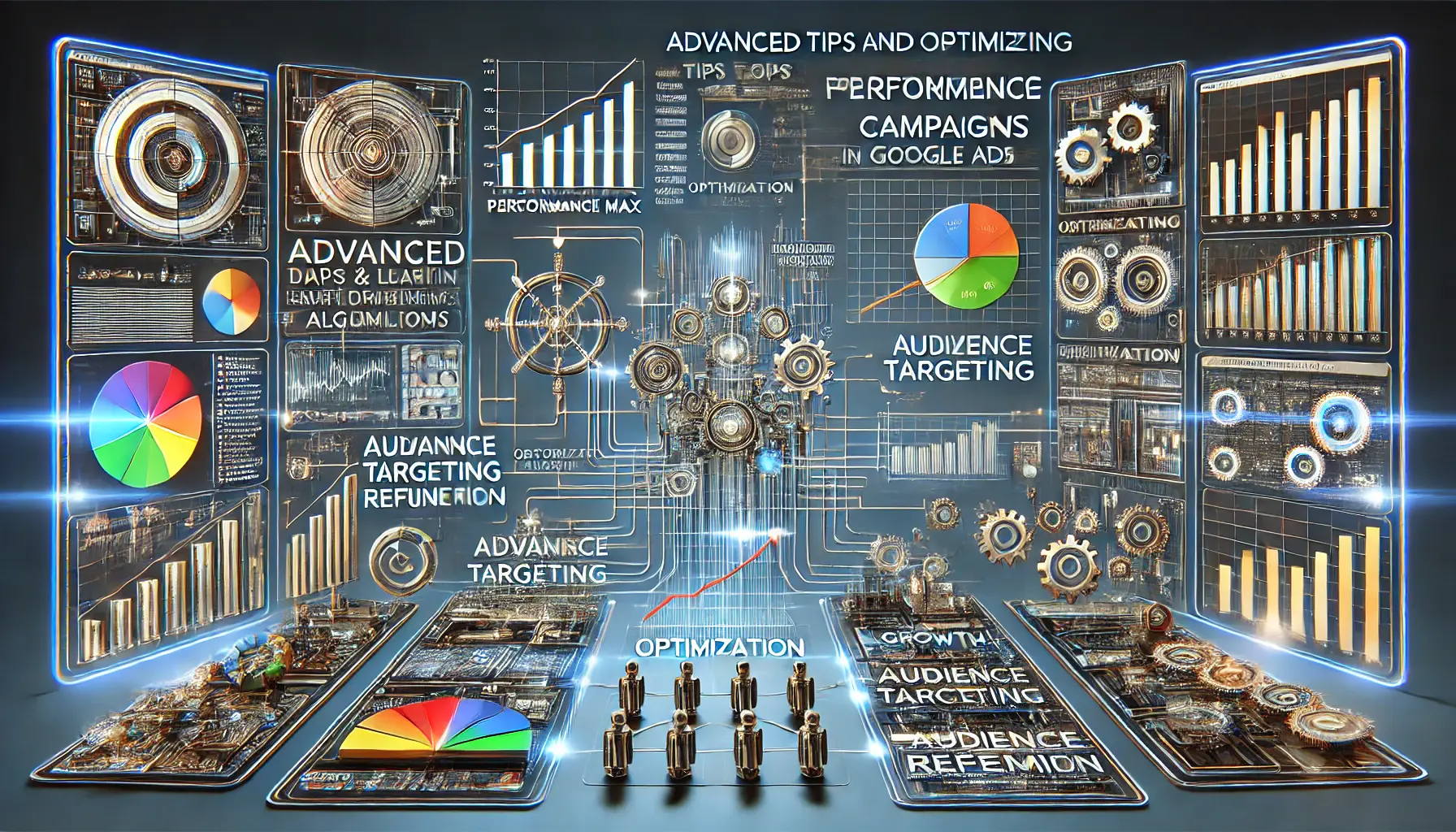 An image showing complex data flows, advanced algorithms, and optimization charts, symbolizing advanced tips and strategies for improving Performance Max campaigns.