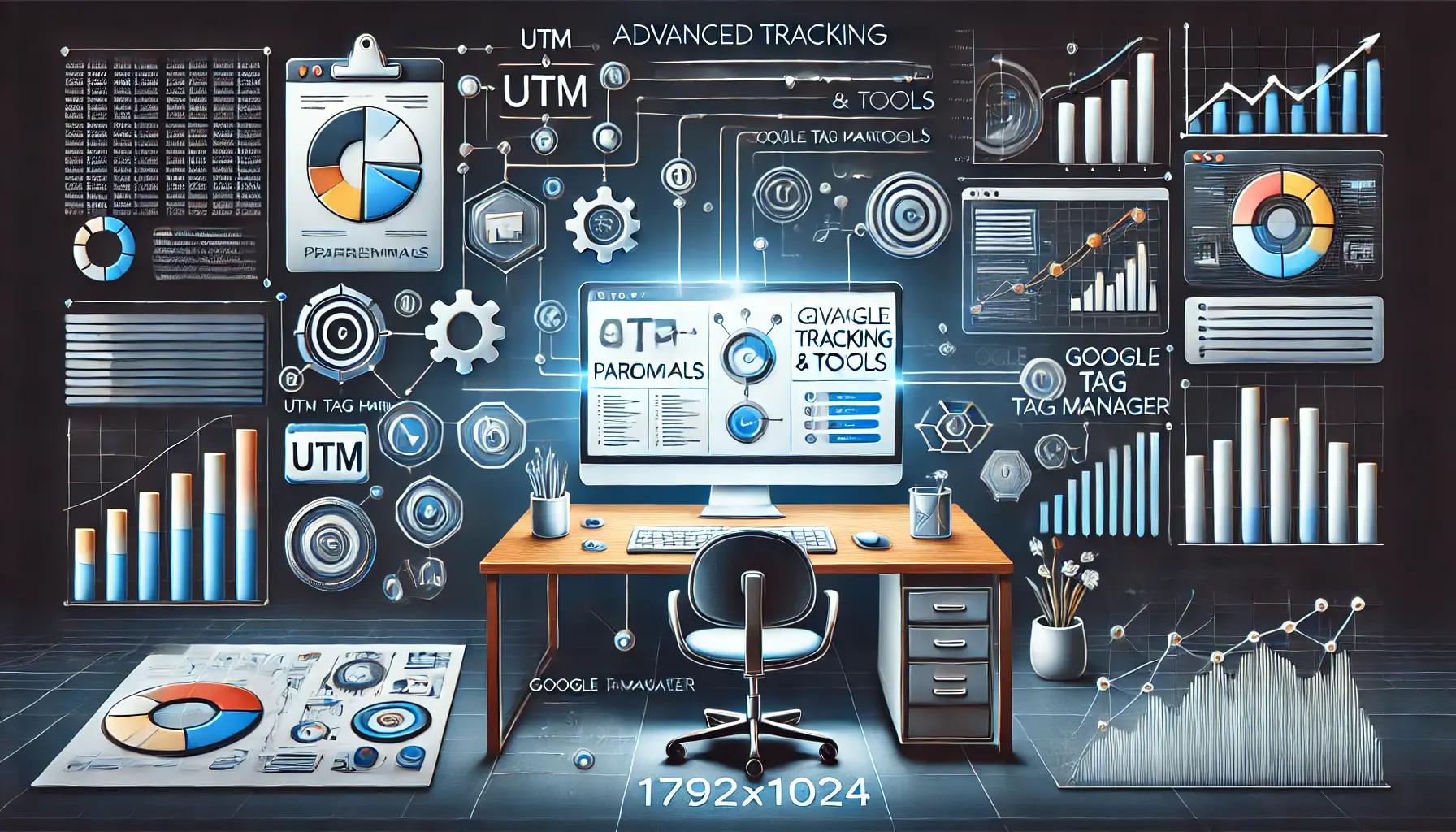 Image depicting a digital workspace with a computer showing advanced tracking techniques and tools, including UTM parameters and Google Tag Manager.