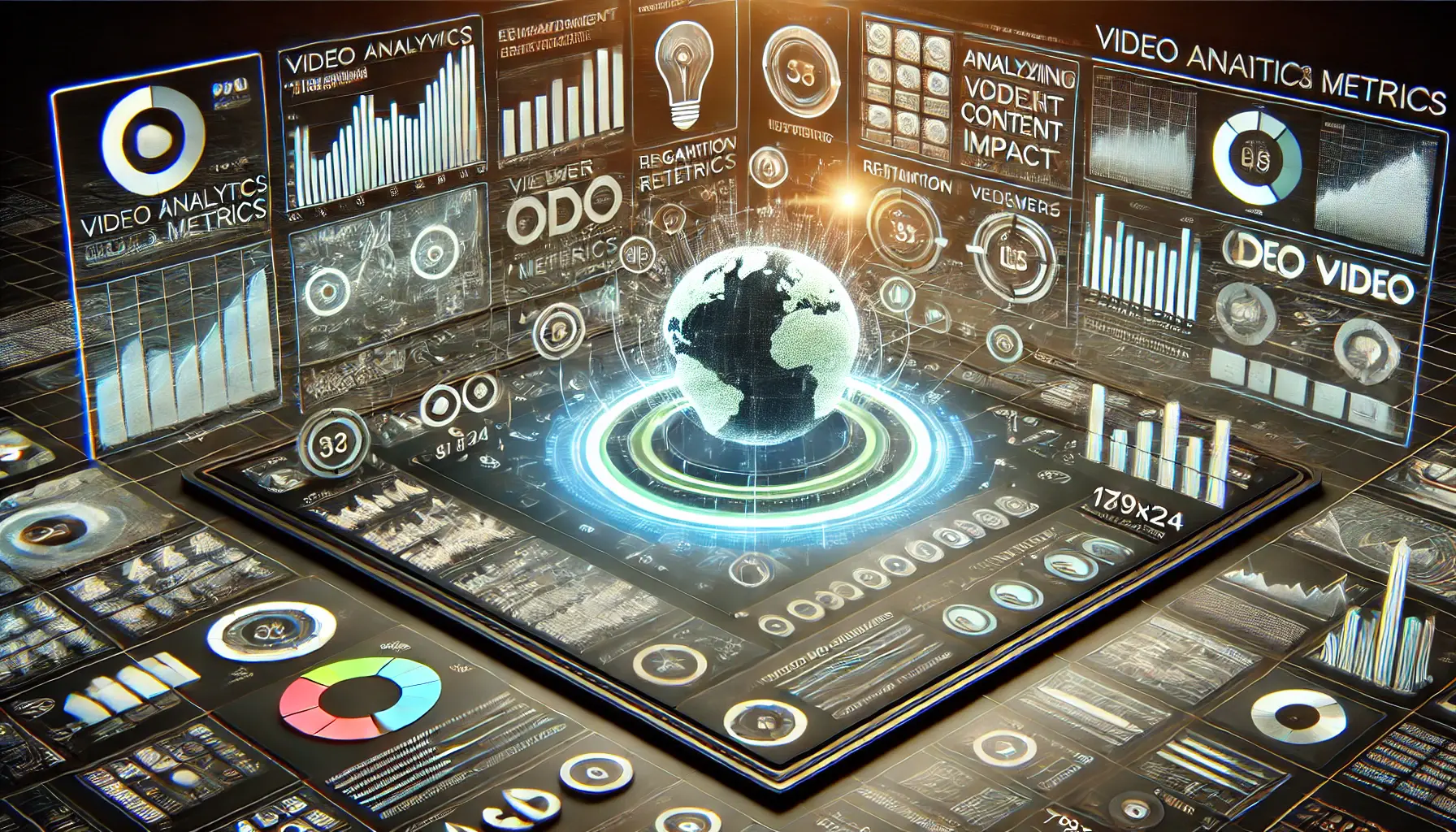 A digital dashboard displaying graphs, engagement metrics, and data visualizations representing advancements in video analytics and metrics.