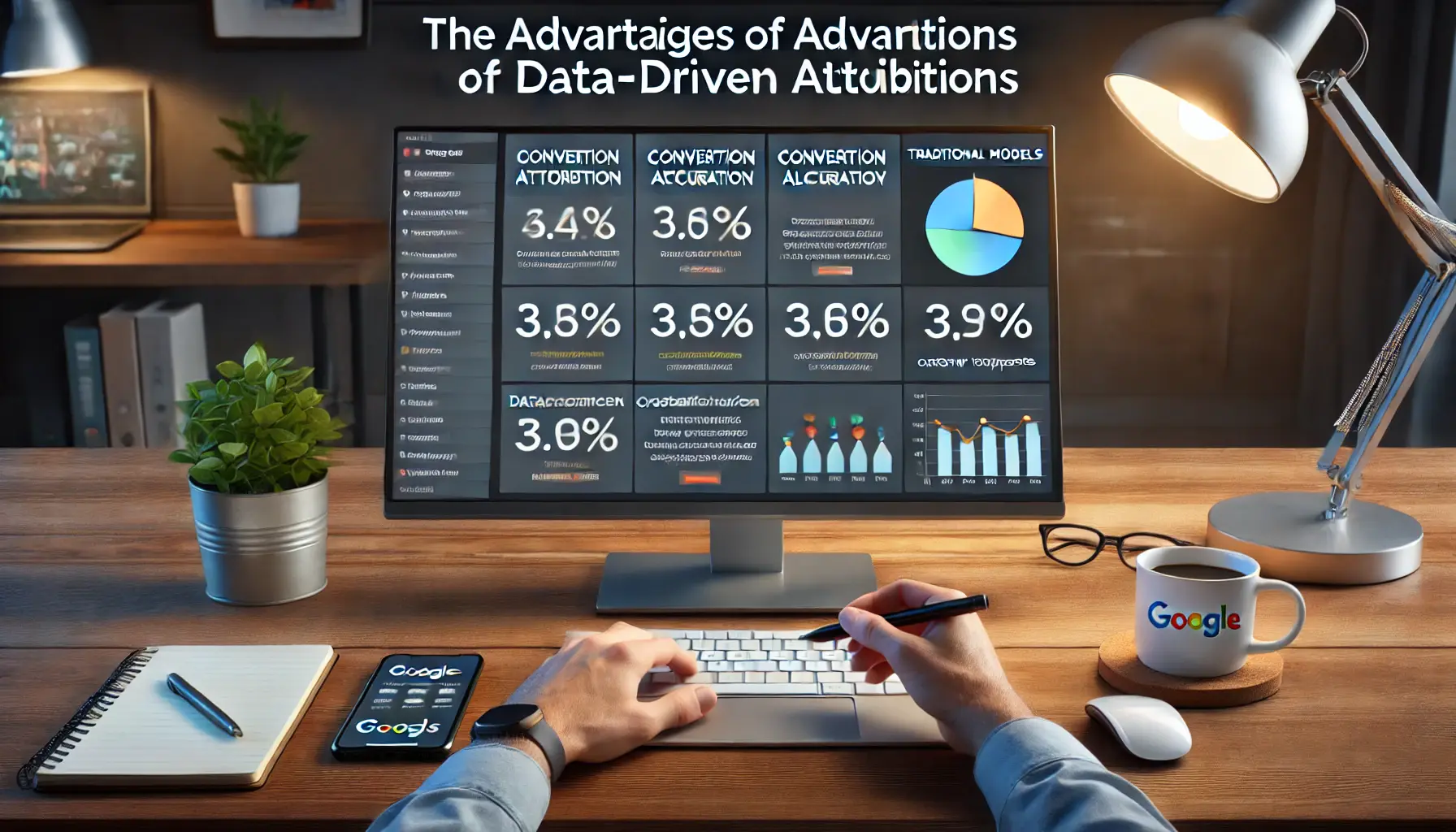 Digital marketer analyzing advantages of data-driven attribution over traditional models on a Google Ads dashboard with metrics showing conversion accuracy and touchpoint allocation.