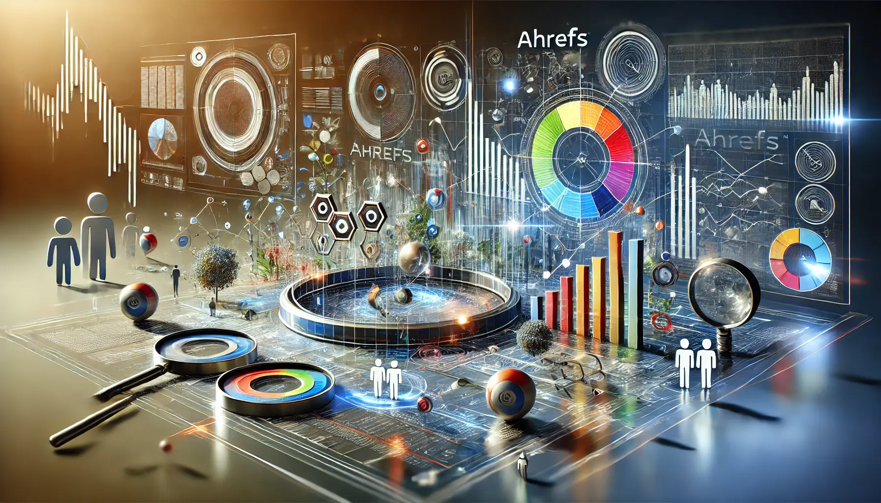 An illustration of Ahrefs as a tool for uncovering audience insights, featuring data analysis, audience behavior charts, and trend lines.