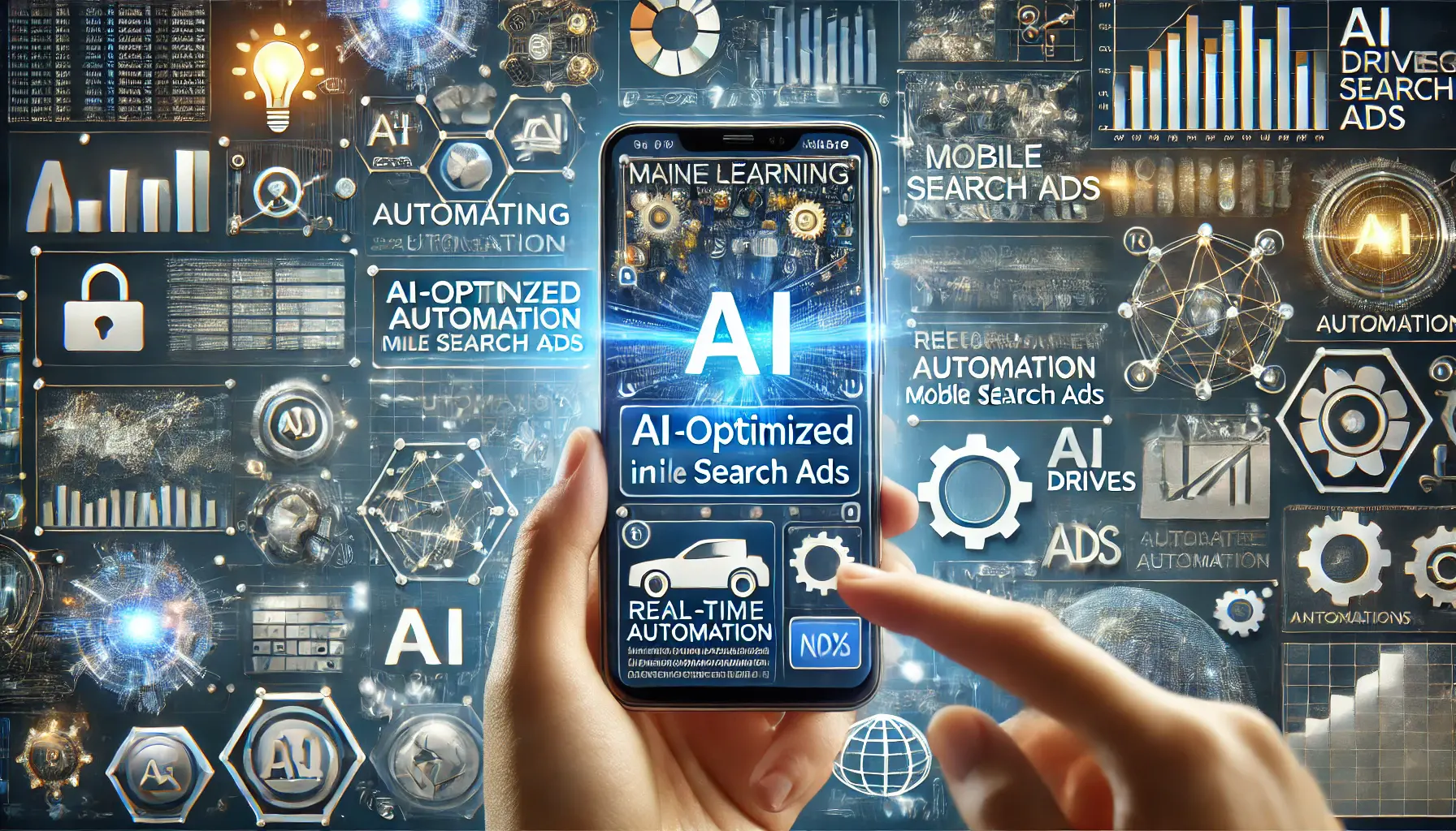 A smartphone displaying an AI-optimized ad campaign with symbols of machine learning, automation gears, and data analytics surrounding it, representing AI and automation in mobile search ads