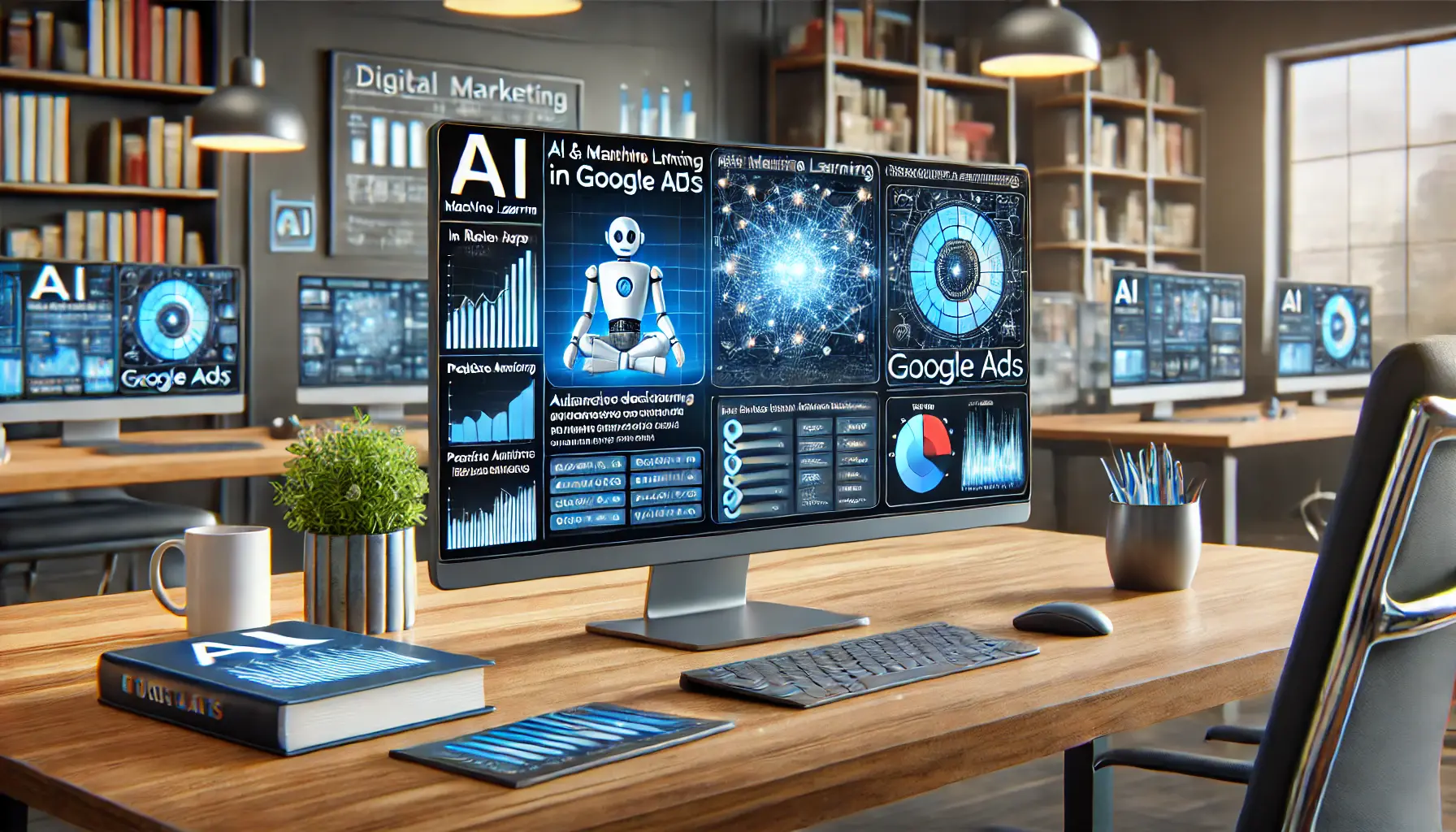 A professional workspace displaying advanced AI algorithms and machine learning models optimizing ad performance in real-time for Google Ads.