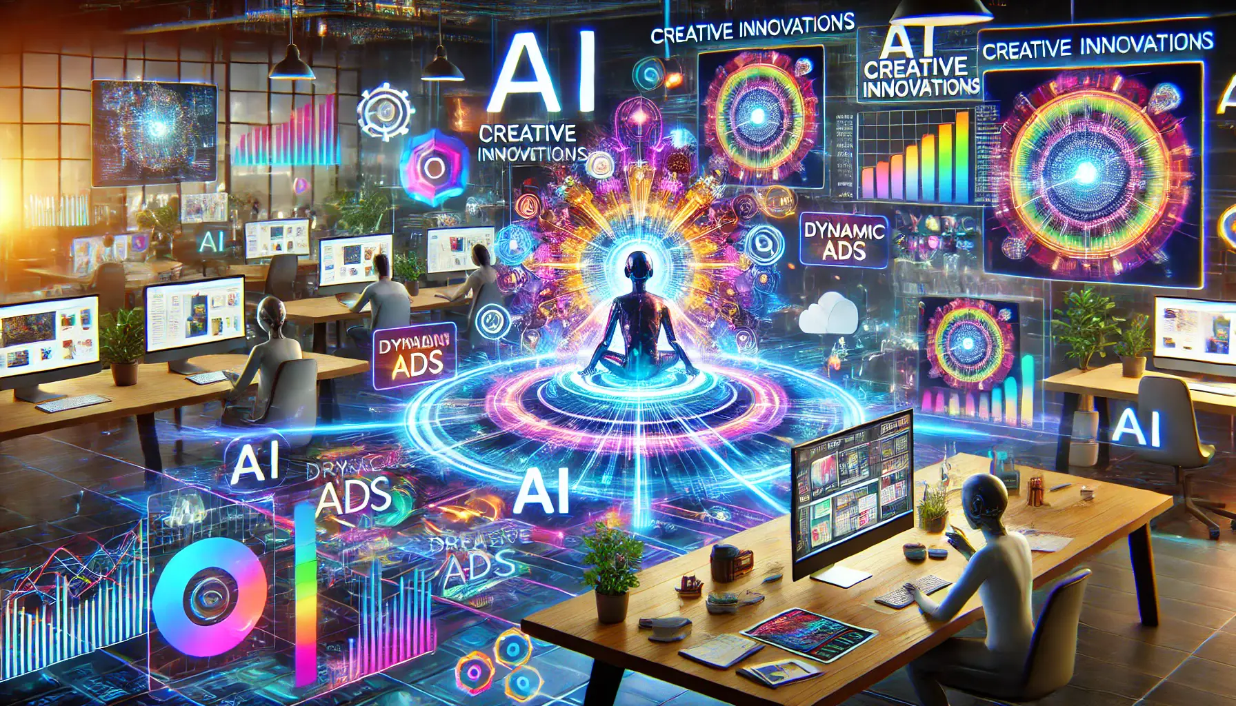 A futuristic marketing workspace with AI-powered tools generating real-time creative ad designs, visualizing data, and optimizing dynamic ads, showcasing AI's role in transforming creative processes.