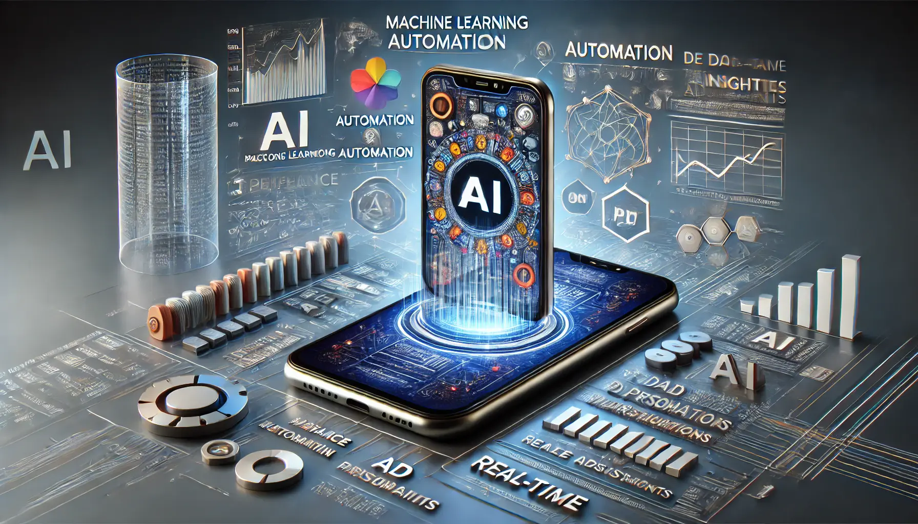 A smartphone displaying an AI-optimized ad surrounded by symbols of machine learning, automation, and data-driven insights, representing AI-powered mobile ad optimization