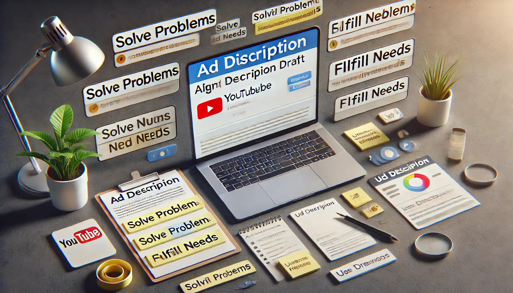 A workspace with a laptop displaying a YouTube ad description draft focused on user intent, surrounded by notes on user needs.