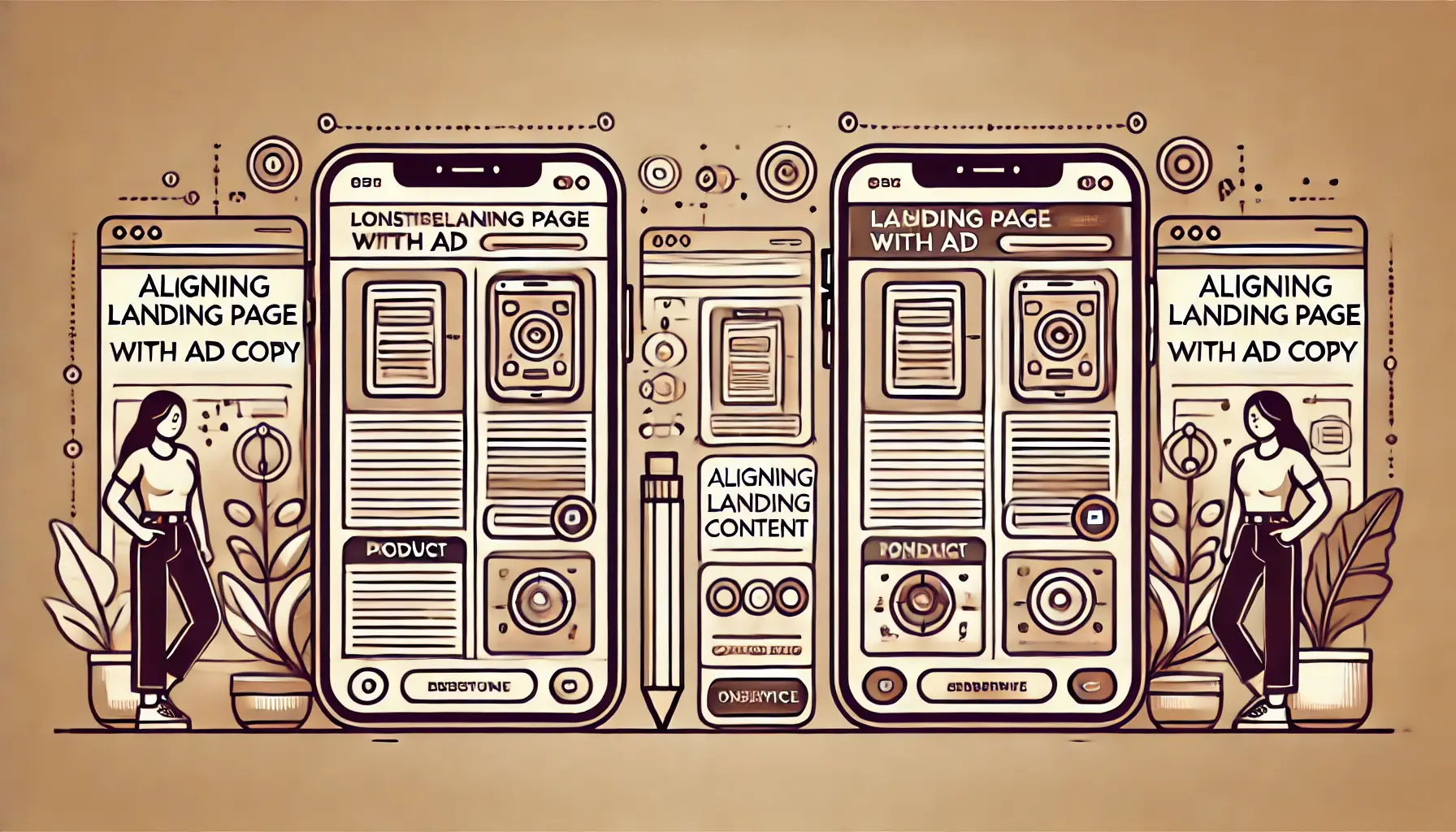 Illustration showing a side-by-side comparison of a digital ad and a landing page, emphasizing consistency.