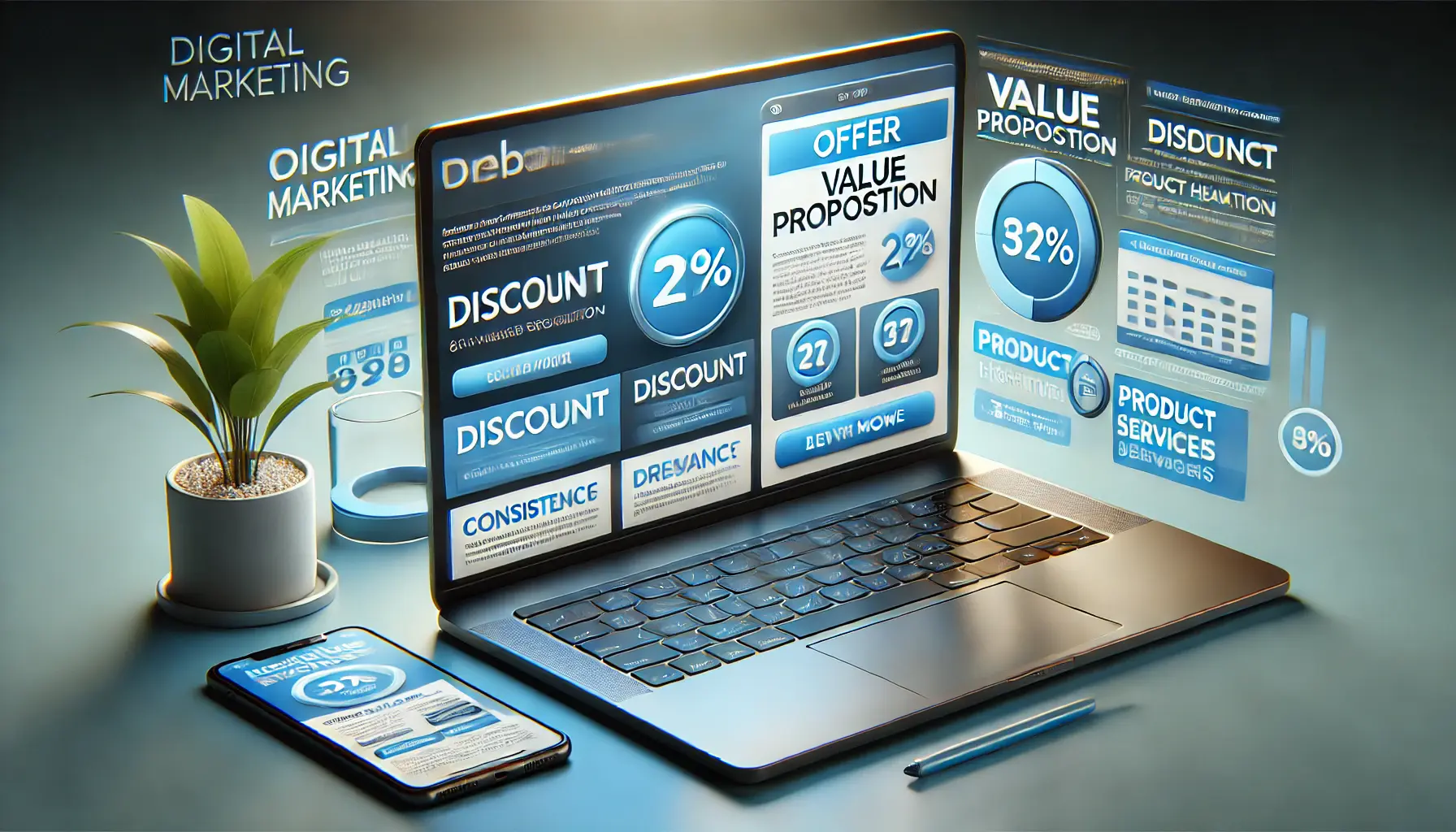 Digital marketing scene showing a laptop displaying an advertisement with a value proposition aligned with the landing page offer