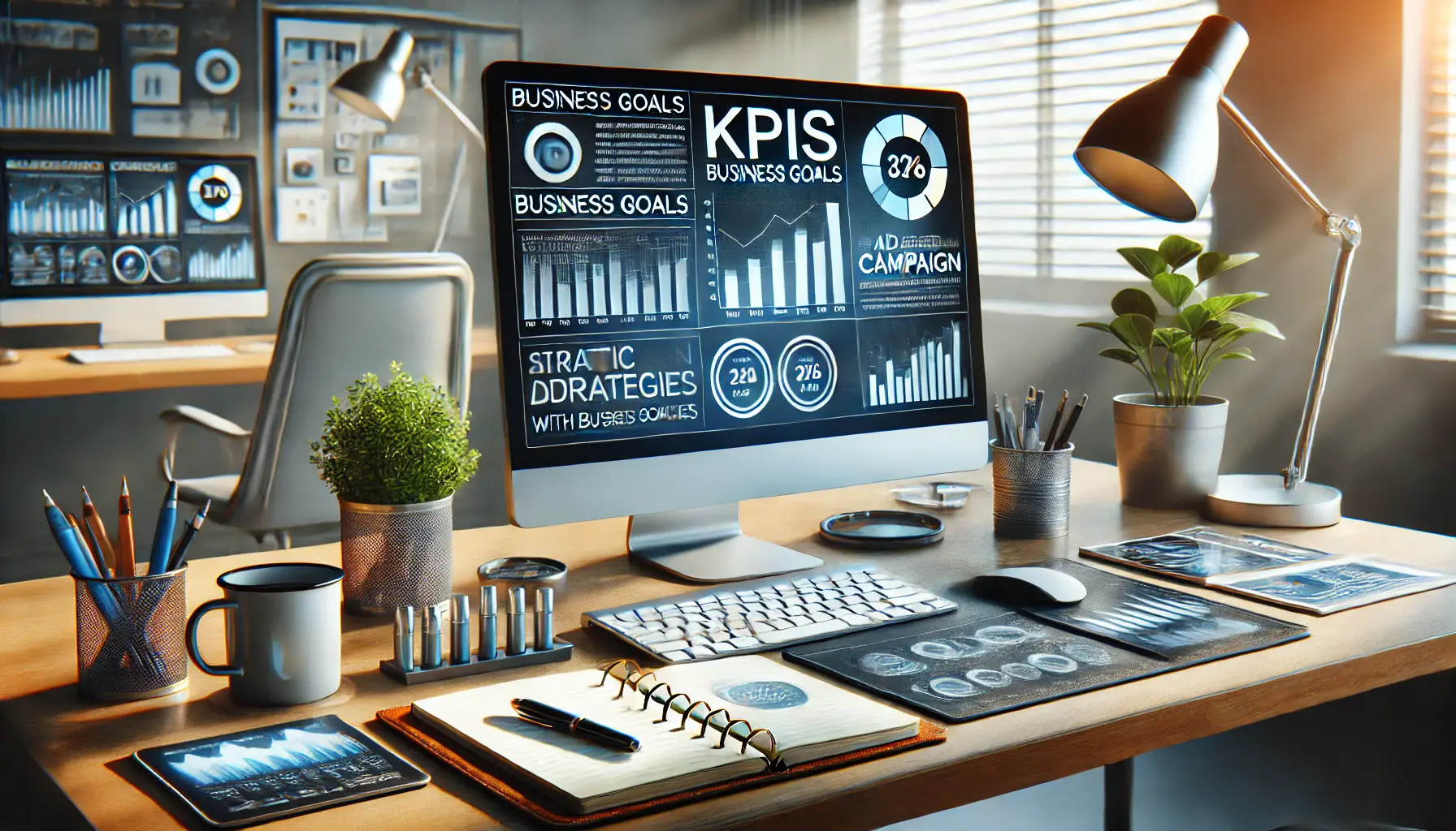 A professional digital marketing workspace showing a computer with a strategic dashboard displaying business goals, KPIs, and ad campaign performance data, symbolizing alignment with business objectives.