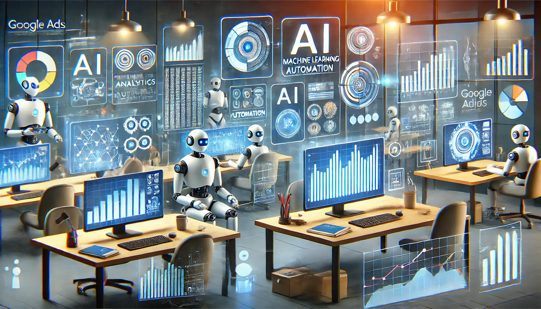 A representation of AI and automation tools in Google Ads within a modern workspace.