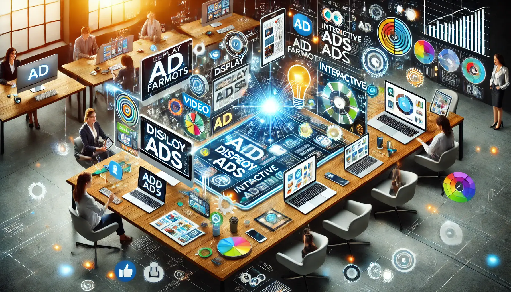 A visual representation of enhanced ad formats like display and video ads on digital devices.