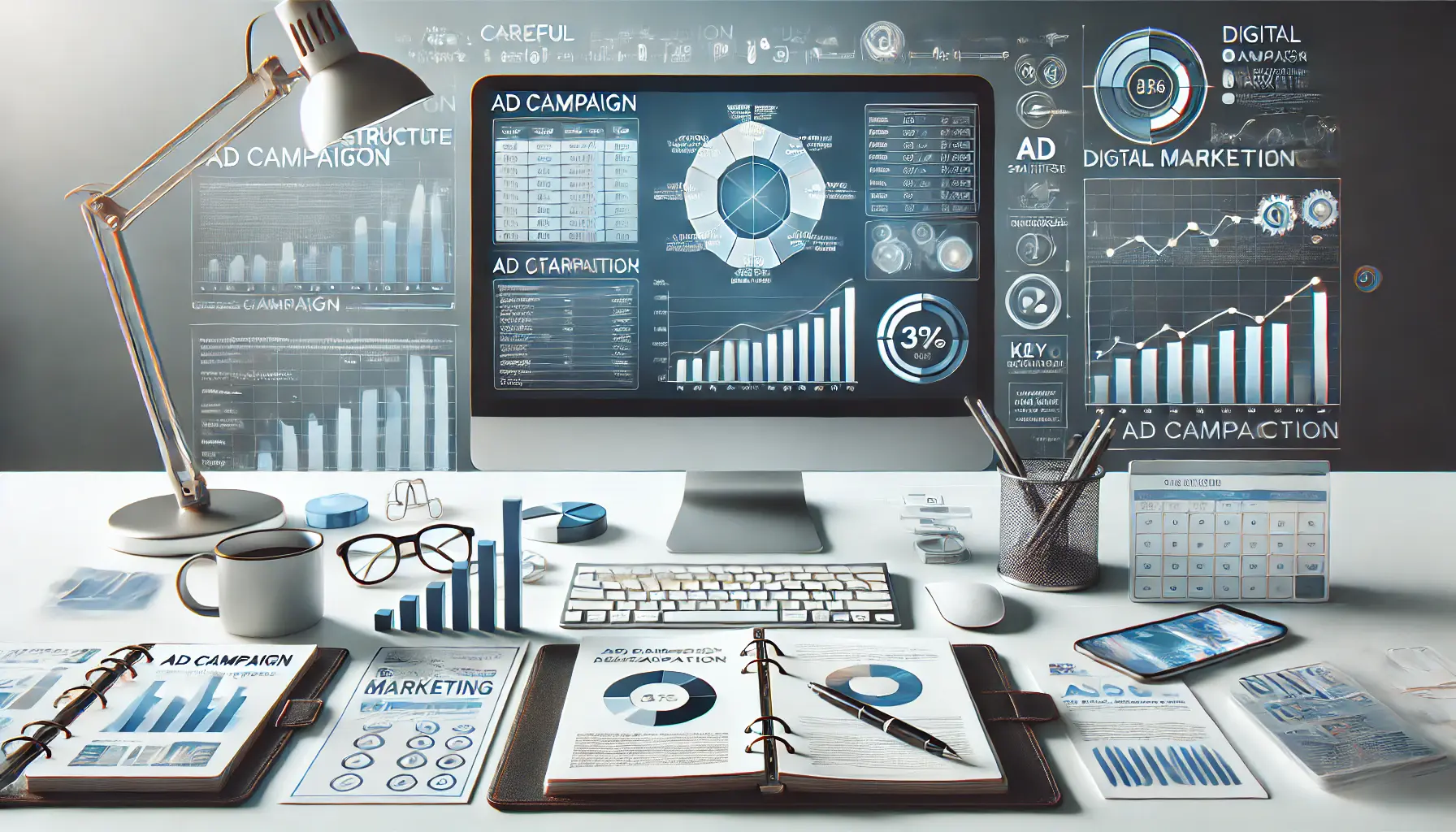 A professional digital marketing workspace featuring a computer displaying a breakdown of ad campaign performance with charts and metrics, symbolizing the analysis of campaign structure.