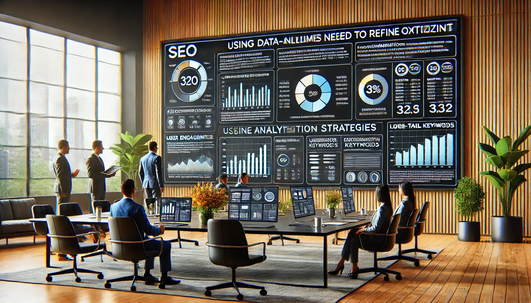 A professional SEO workspace displaying a dashboard with analytics-based optimization strategies, showing keyword performance and user engagement