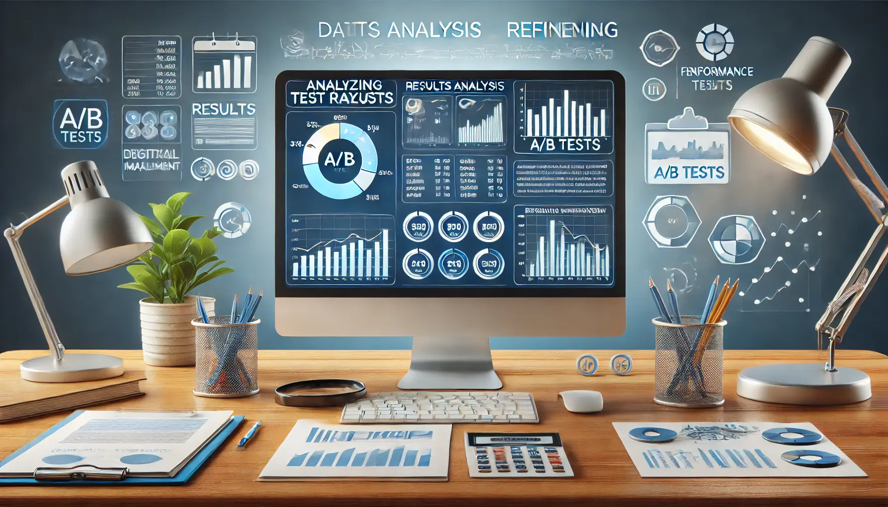 Workspace with a computer displaying an analysis dashboard with charts and metrics from A/B test results, surrounded by icons representing data refinement and performance improvement.