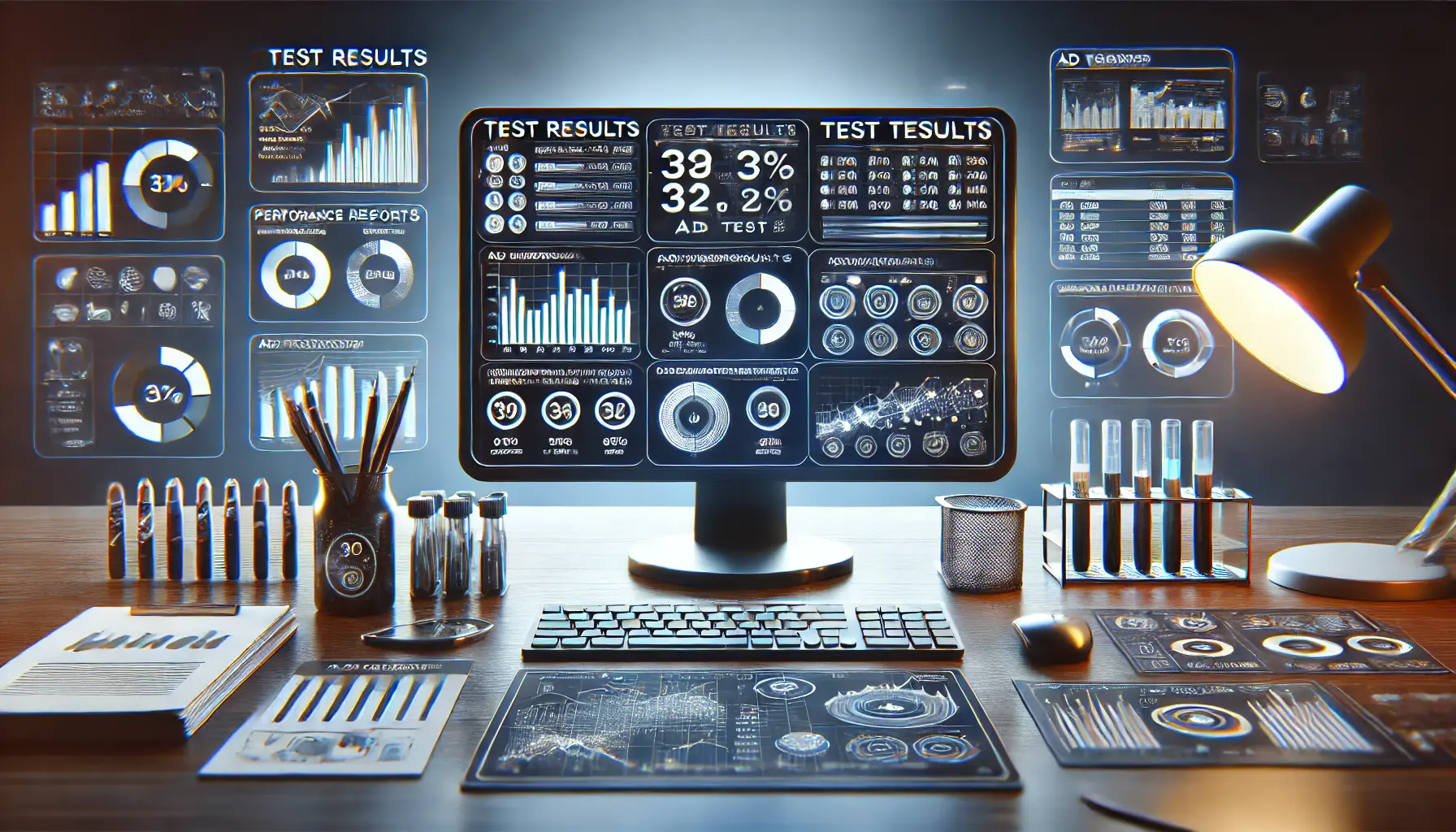 A computer screen displaying performance metrics and analytics reports with graphs and charts.