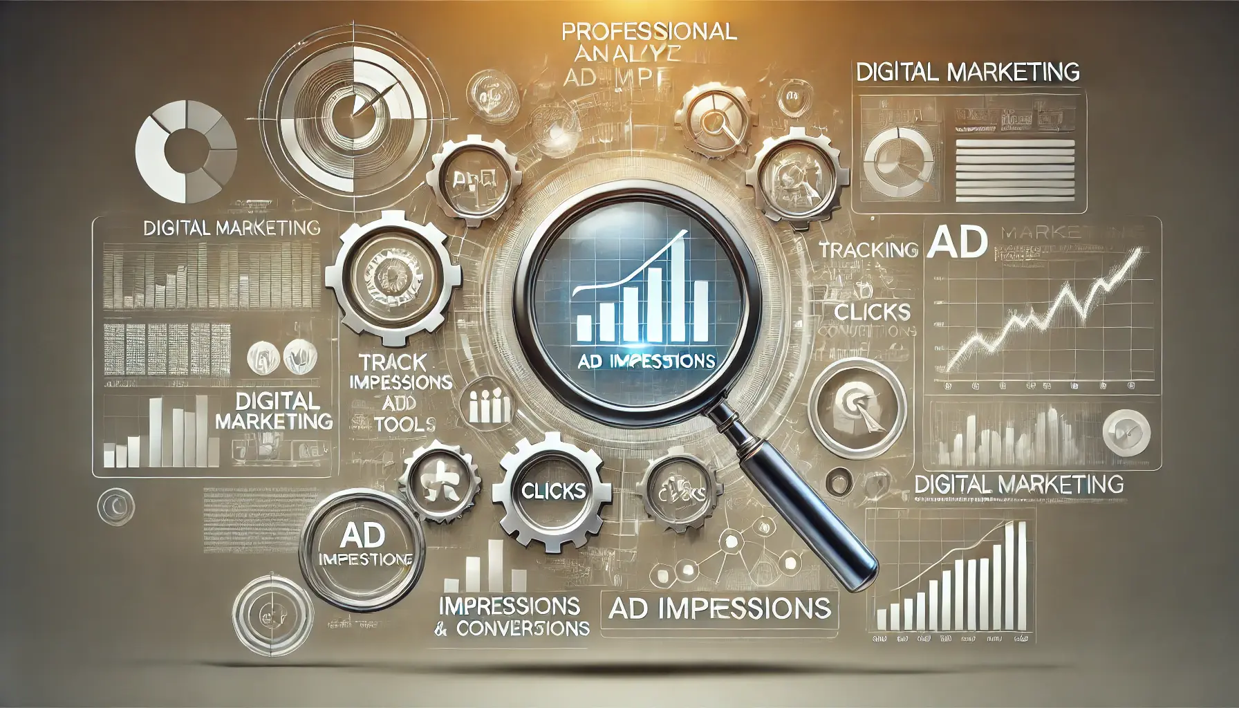 Visualization of analyzing ad impressions using metrics and tools, featuring graphs, charts, and a performance dashboard.