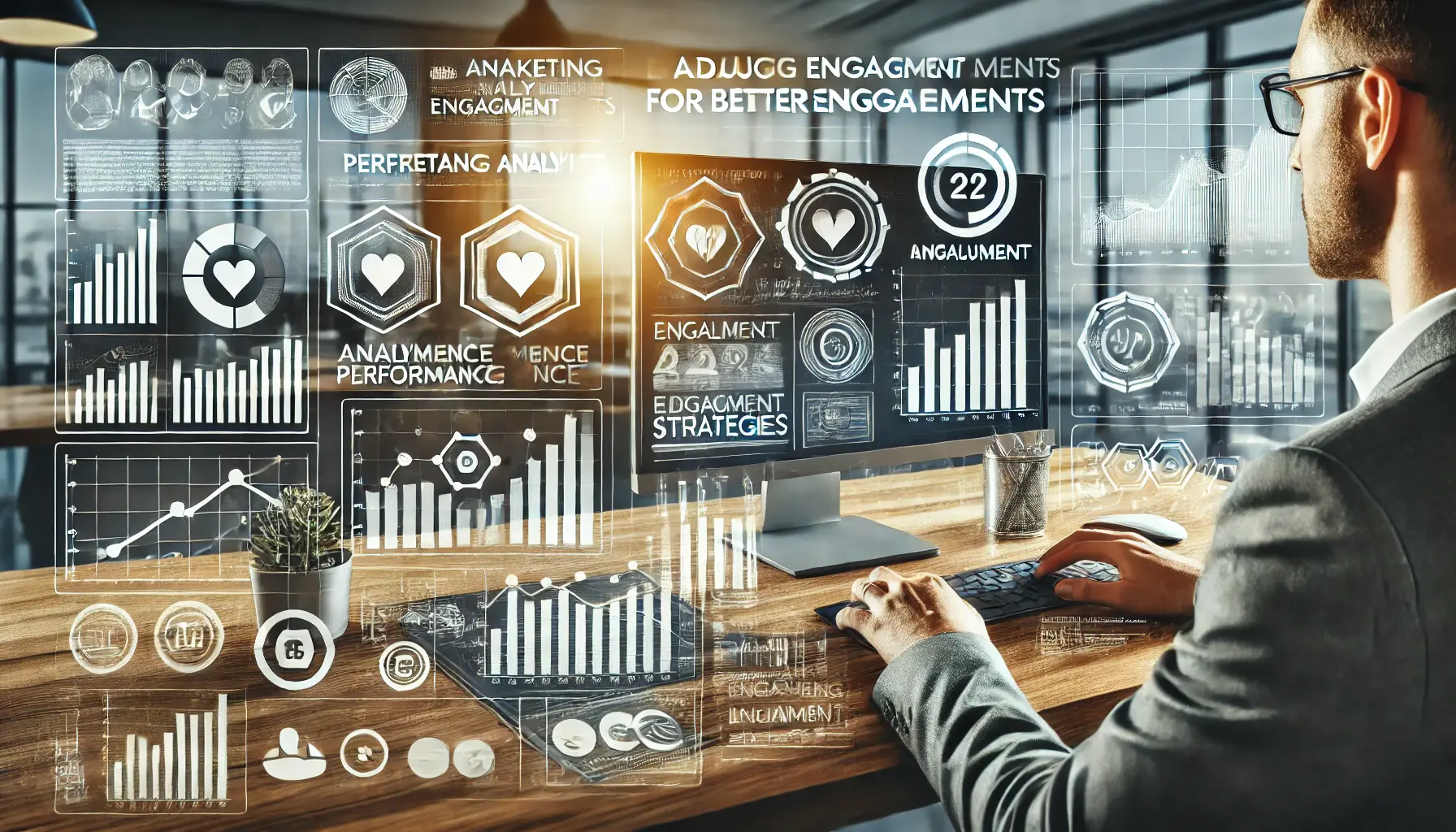 Marketing analyst reviewing performance data on a computer screen with charts and graphs illustrating engagement metrics in a modern office.