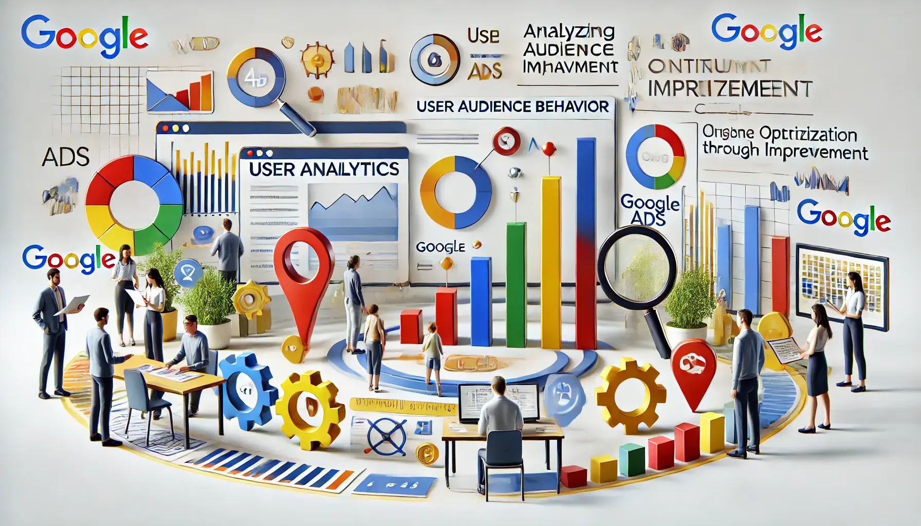 Image illustrating audience behavior analysis with user analytics charts, engagement icons, and iterative improvement symbols.