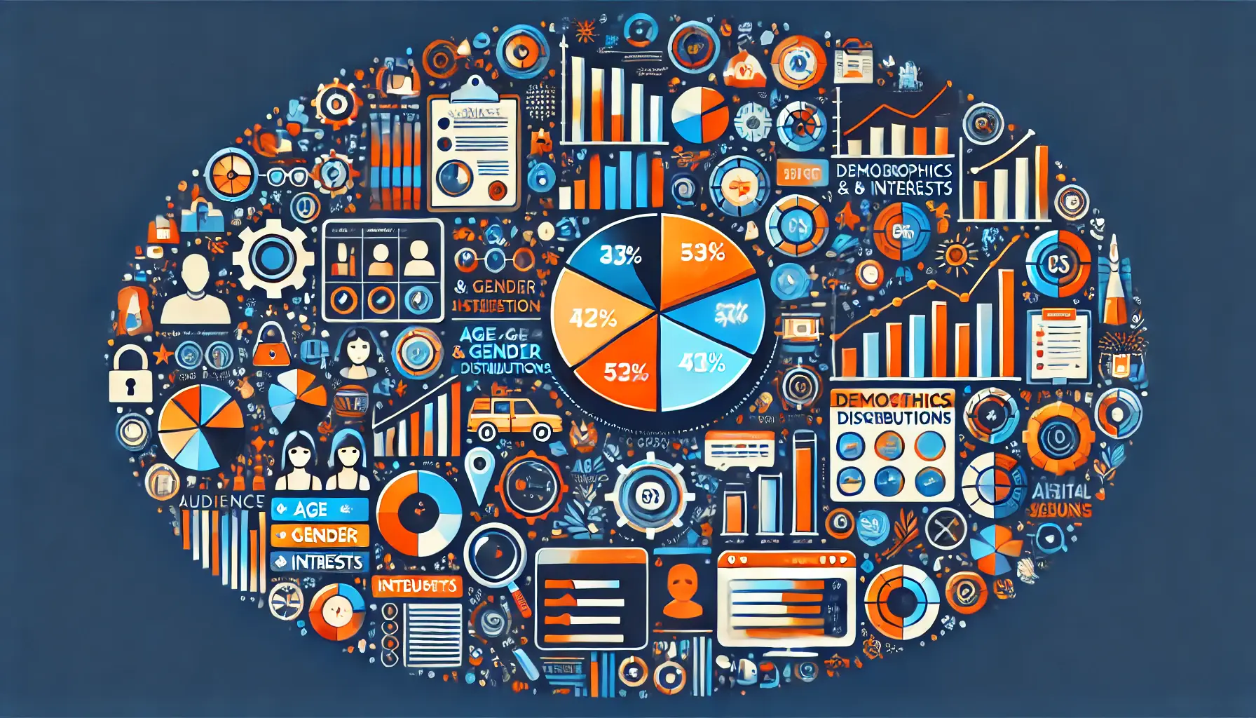 A visual representation of audience demographics and interests analysis in digital marketing, showcasing charts and graphs.