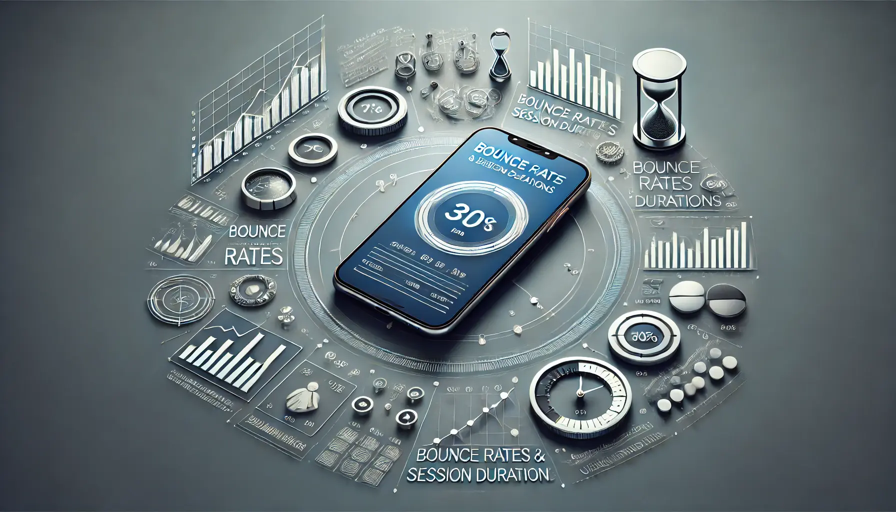 Smartphone displaying analytics data with charts showing bounce rates and session durations, symbolizing user engagement analysis