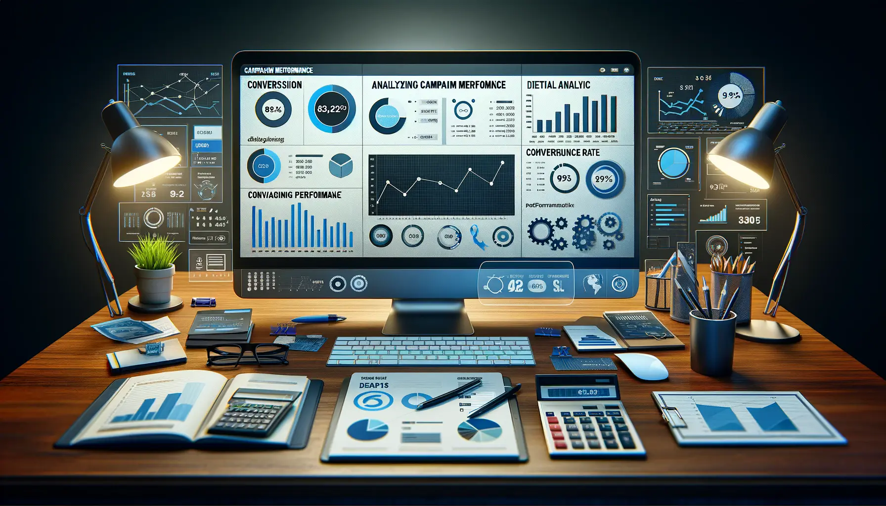 A modern office workspace displaying analytics and performance metrics for campaign analysis.