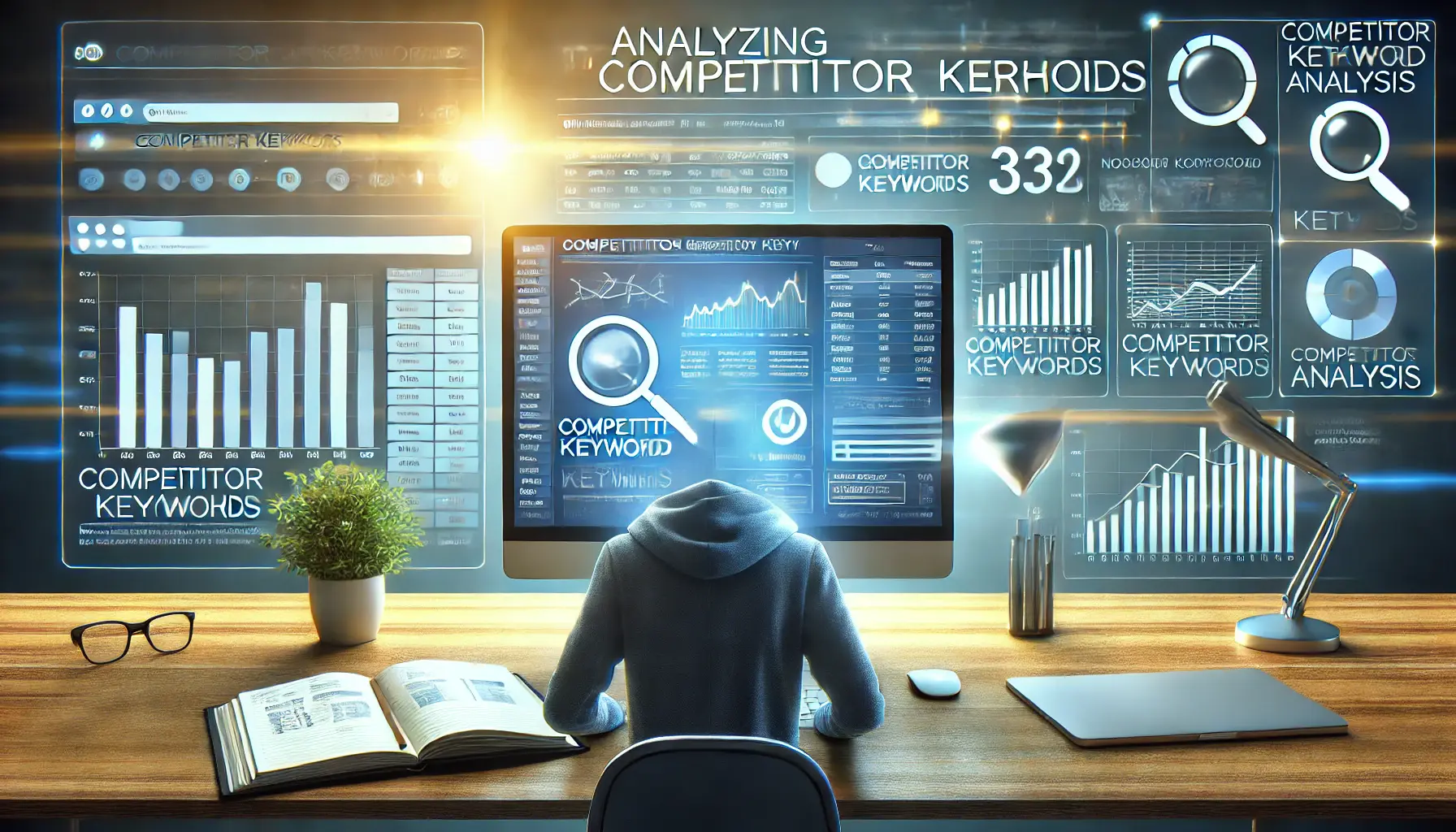 A digital marketing professional analyzing competitor keyword data on a computer screen.