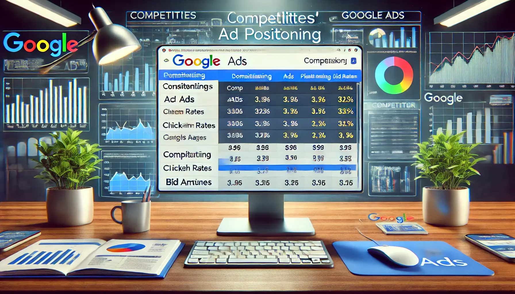 A realistic illustration depicting the analysis of competitors' ad positioning in Google Ads, featuring a computer screen with a comparison dashboard of competitor ads.