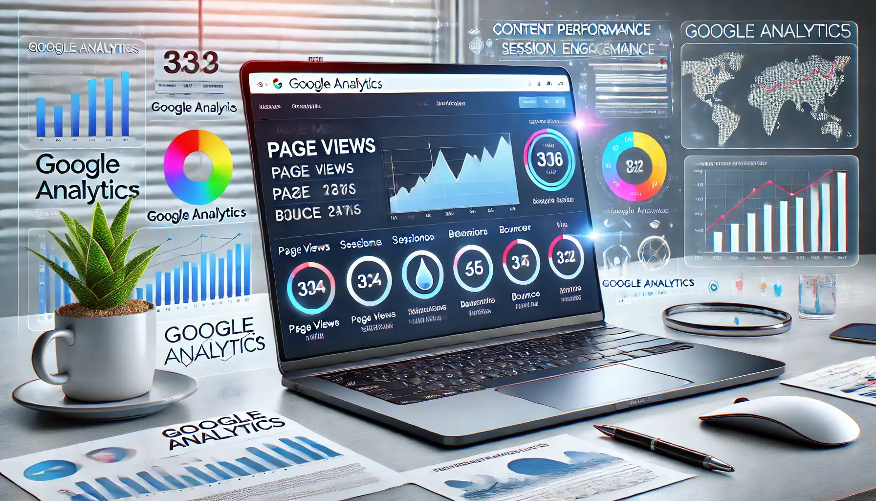 A digital workspace with a laptop displaying Google Analytics metrics such as page views, session duration, and bounce rates, surrounded by performance tracking charts.