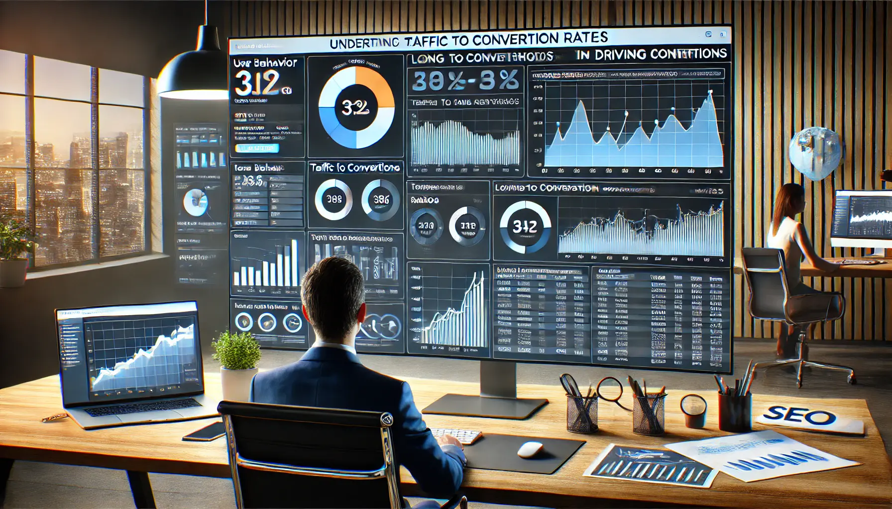 A professional SEO workspace displaying a dashboard analyzing conversion rates with graphs measuring user behavior and traffic-to-conversion ratios