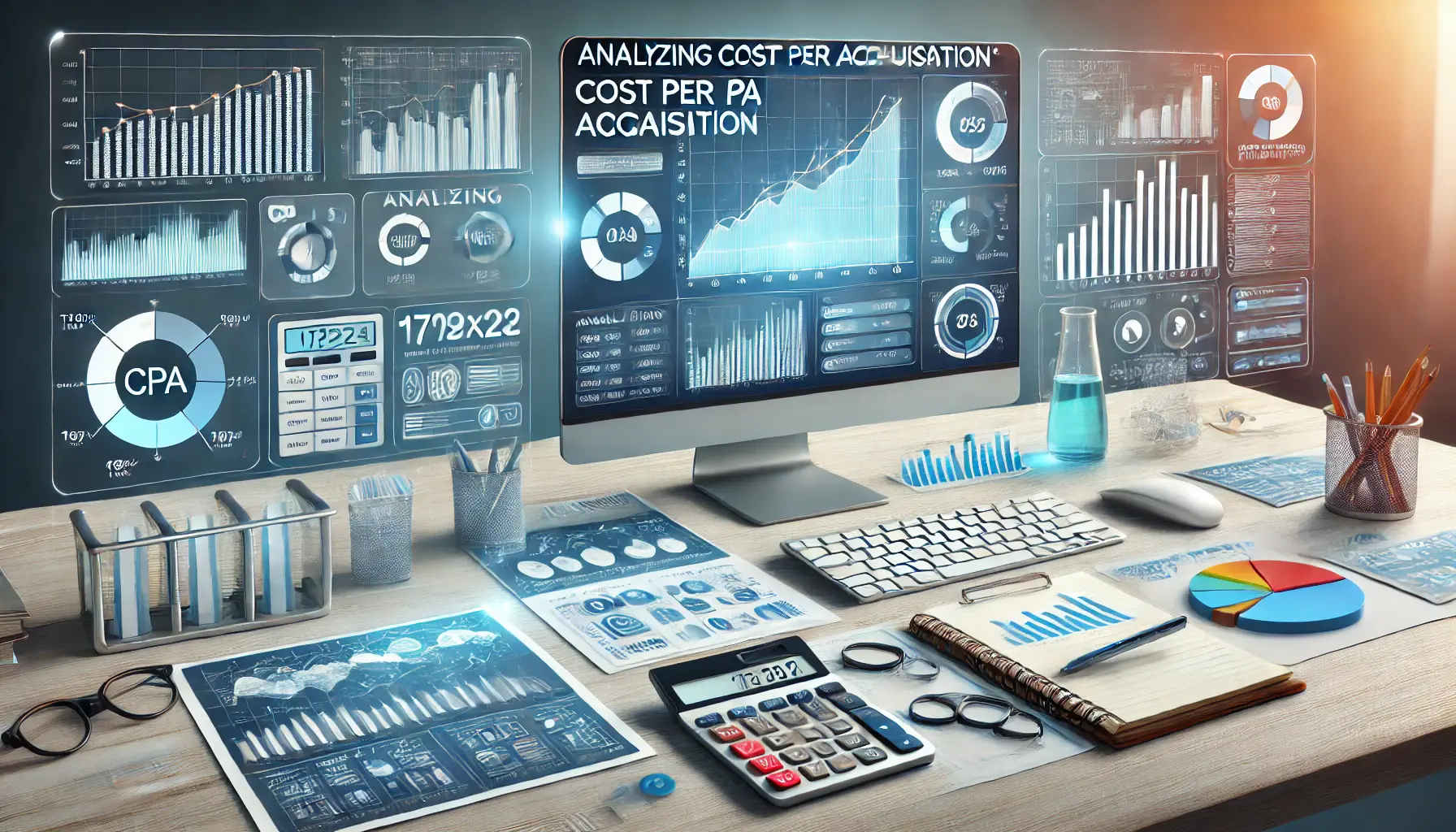 Image depicting a digital workspace with a computer showing Cost Per Acquisition (CPA) analysis, including graphs and data visualizations.