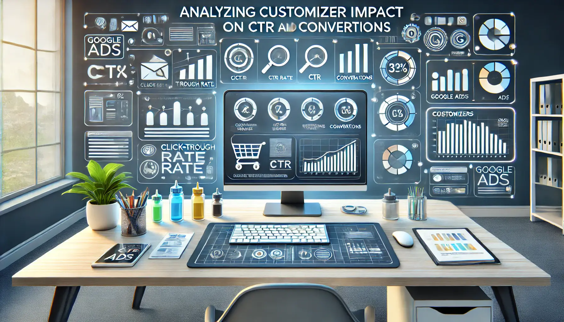 A digital workspace with icons for click-through rate (CTR) and conversions, featuring graphs, charts, and comparison elements representing the analysis of customizer impact on ad performance.