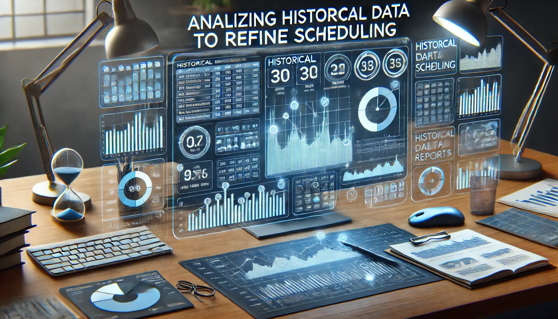 A digital marketing dashboard displaying performance charts, historical data reports, and time graphs to analyze past ad performance and refine scheduling.